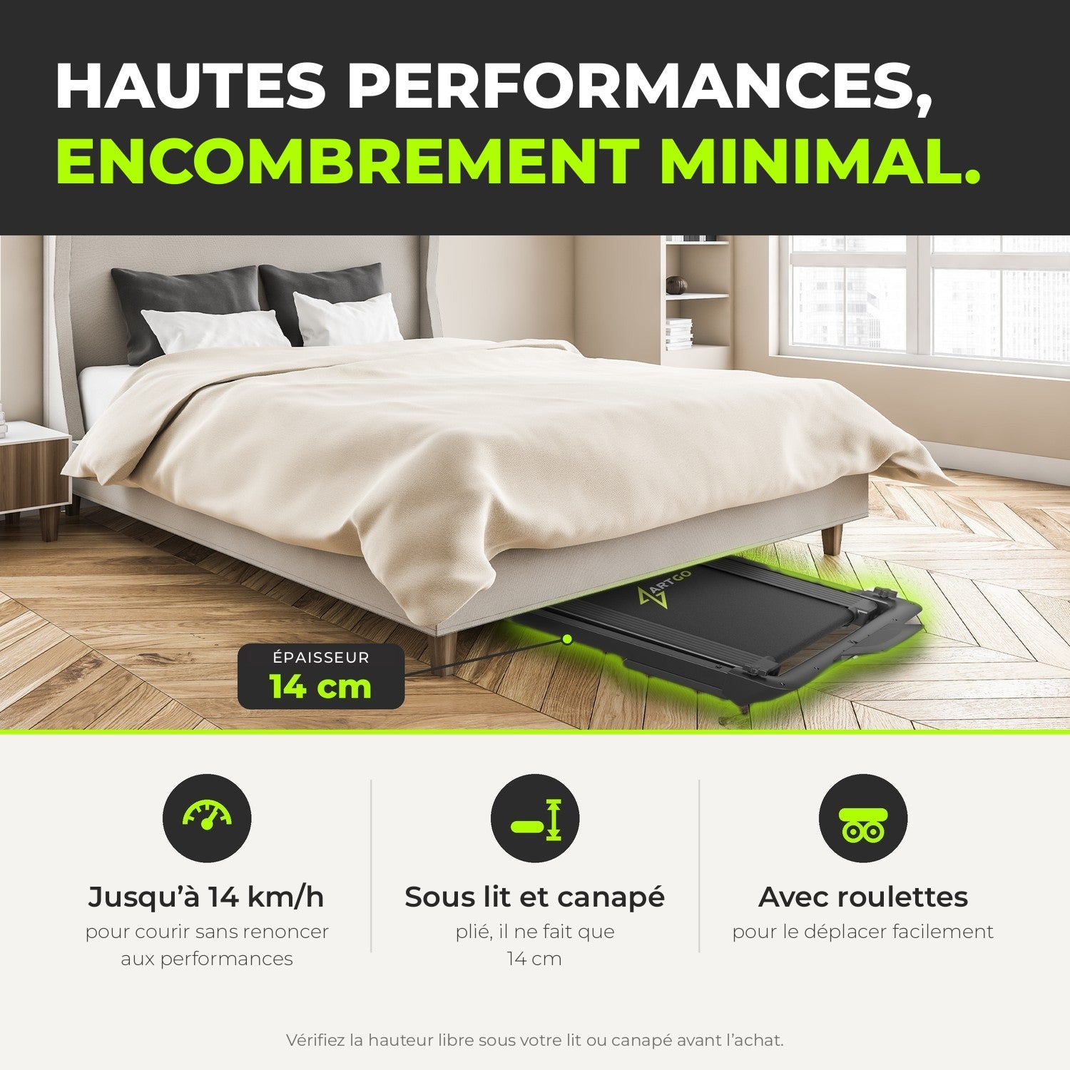 Tapis de course ArtGo Raffaello : jusqu’à 14 km/h, plié 14 cm d’épaisseur, se range sous le lit ou le canapé