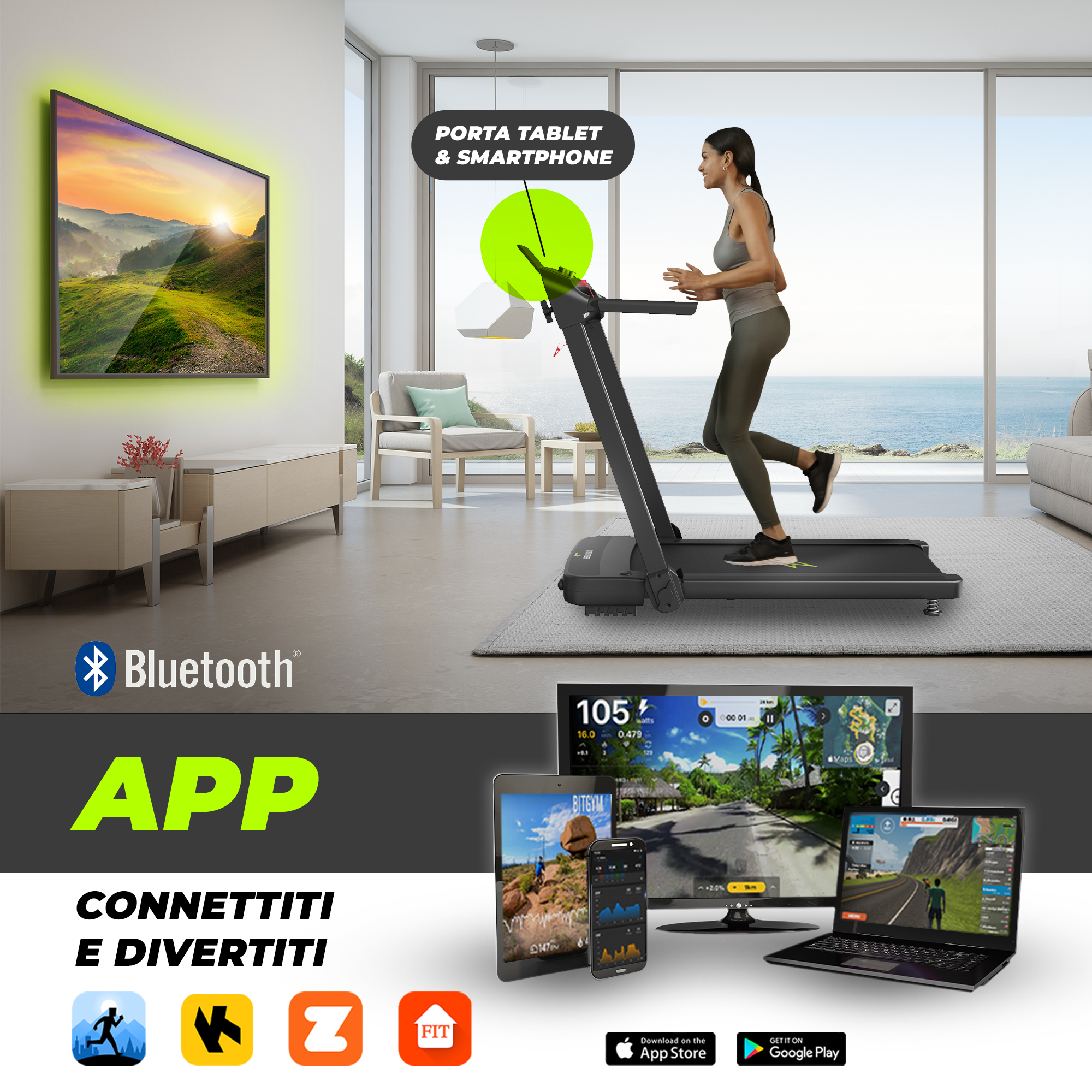 Tapis roulant ArtGo Raffaello 14 km/h |  Connettiti alle app compatibili