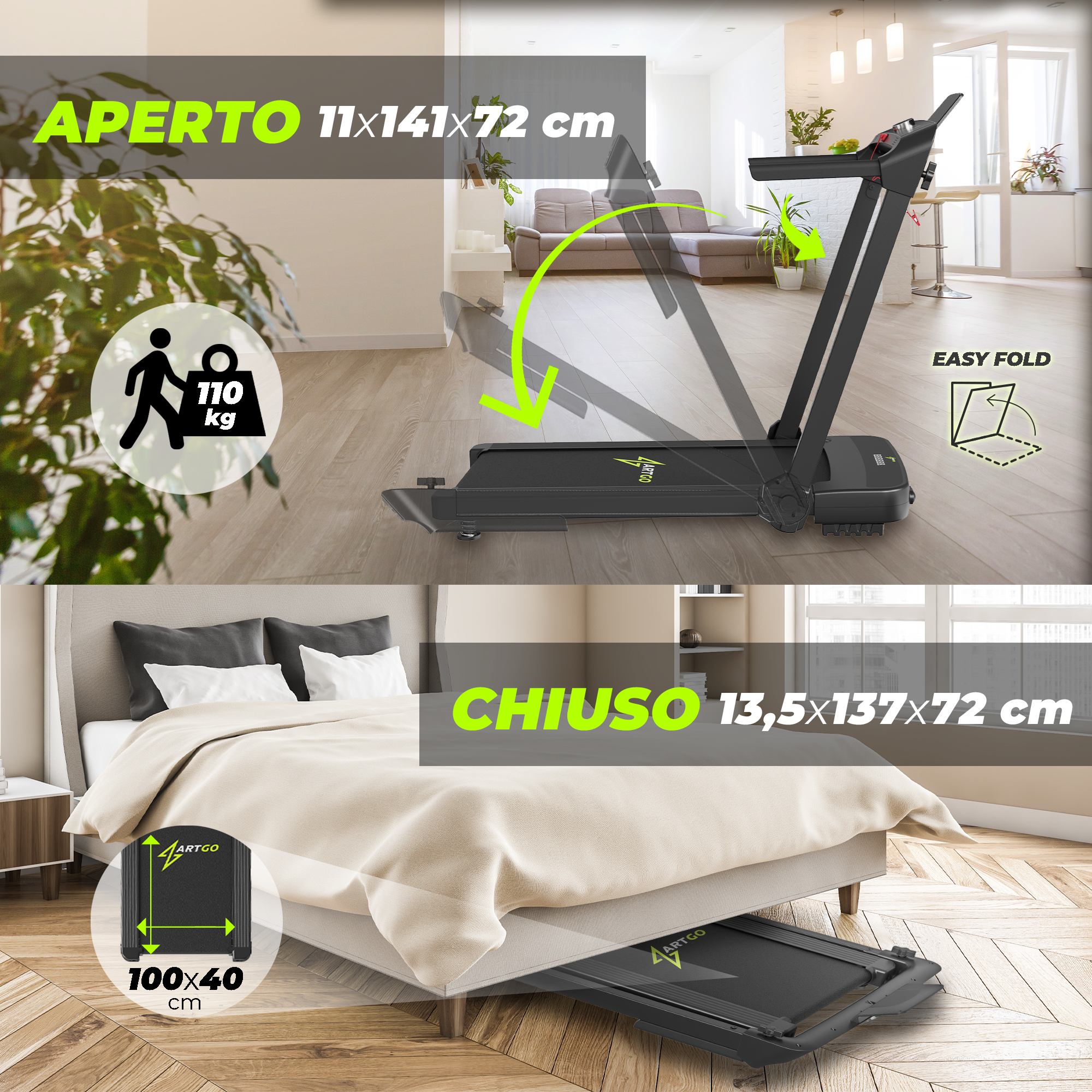 Tapis roulant ArtGo Raffaello 14 km/h | Dimensioni da aperto e chiuso