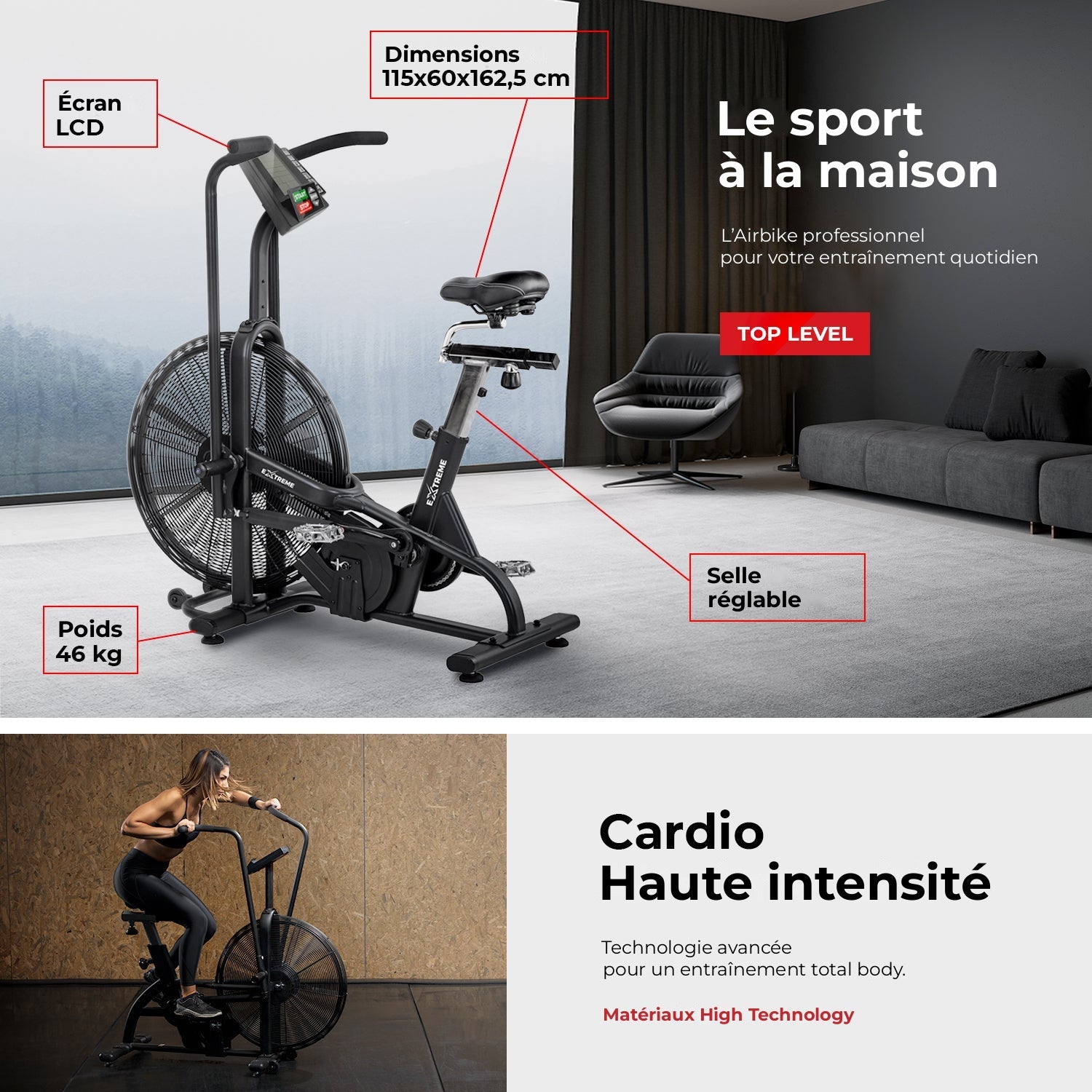 Air Bike AB Extreme : écran, dimensions, selle réglable, poids