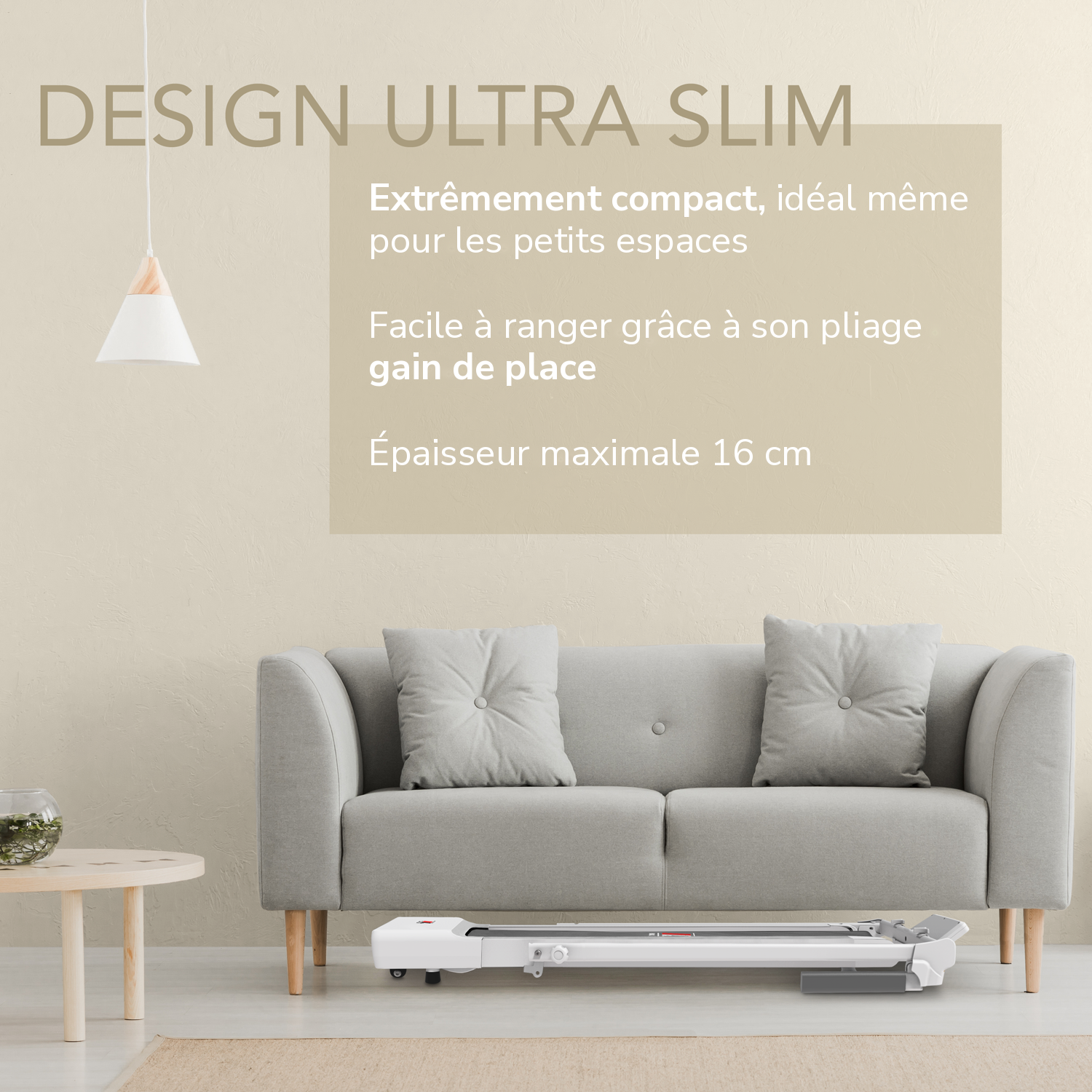 Tapis de course NEXT 1000 blanc reconditionné, design ultra slim : extrêmement compact, pliage gain de place, épaisseur maximale 16 cm