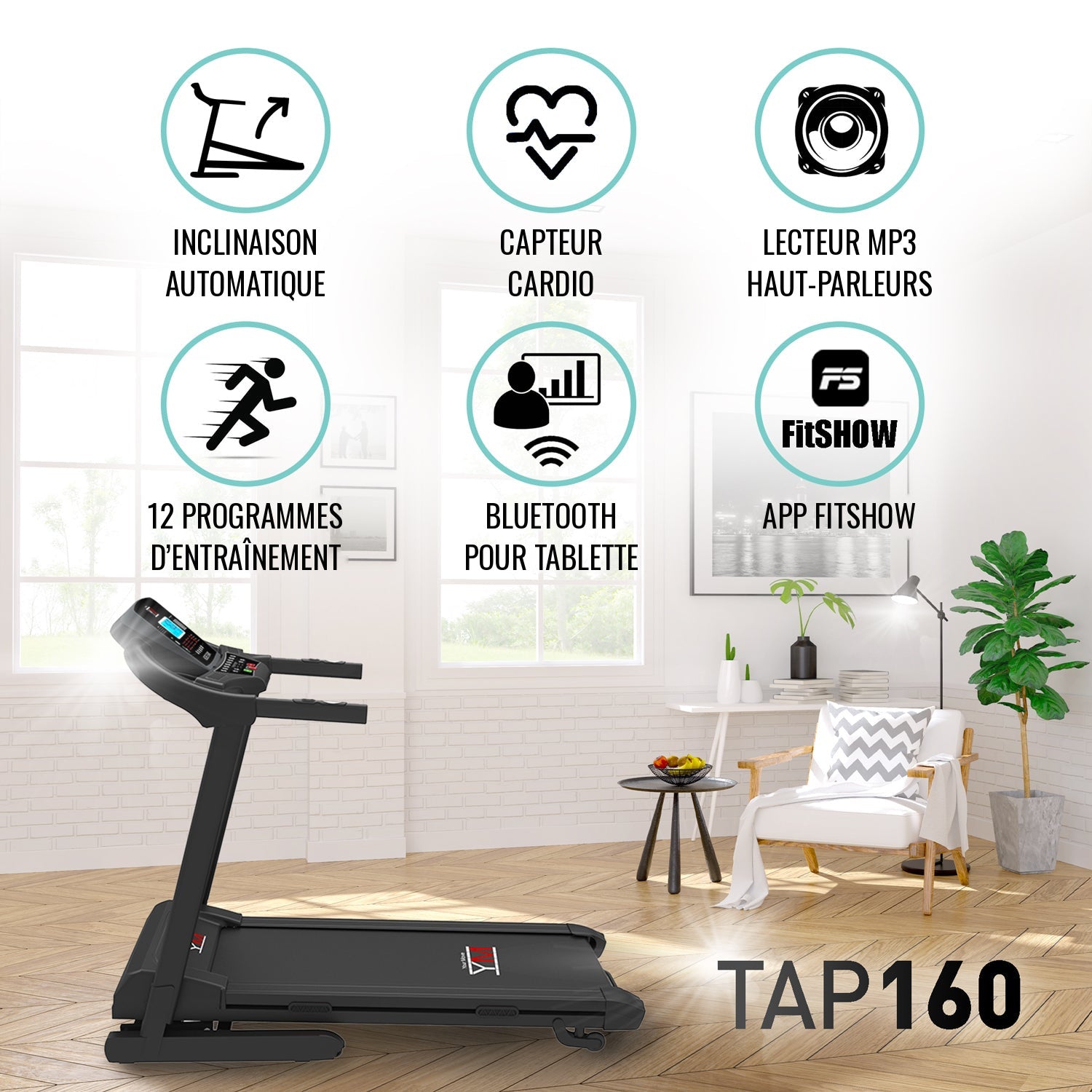 Tapis de course TAP 160 : inclinaison automatique, capteur cardio, lecteur MP3 et haut-parleurs, 12 programmes d’entraînement, Bluetooth pour tablette, app FitShow