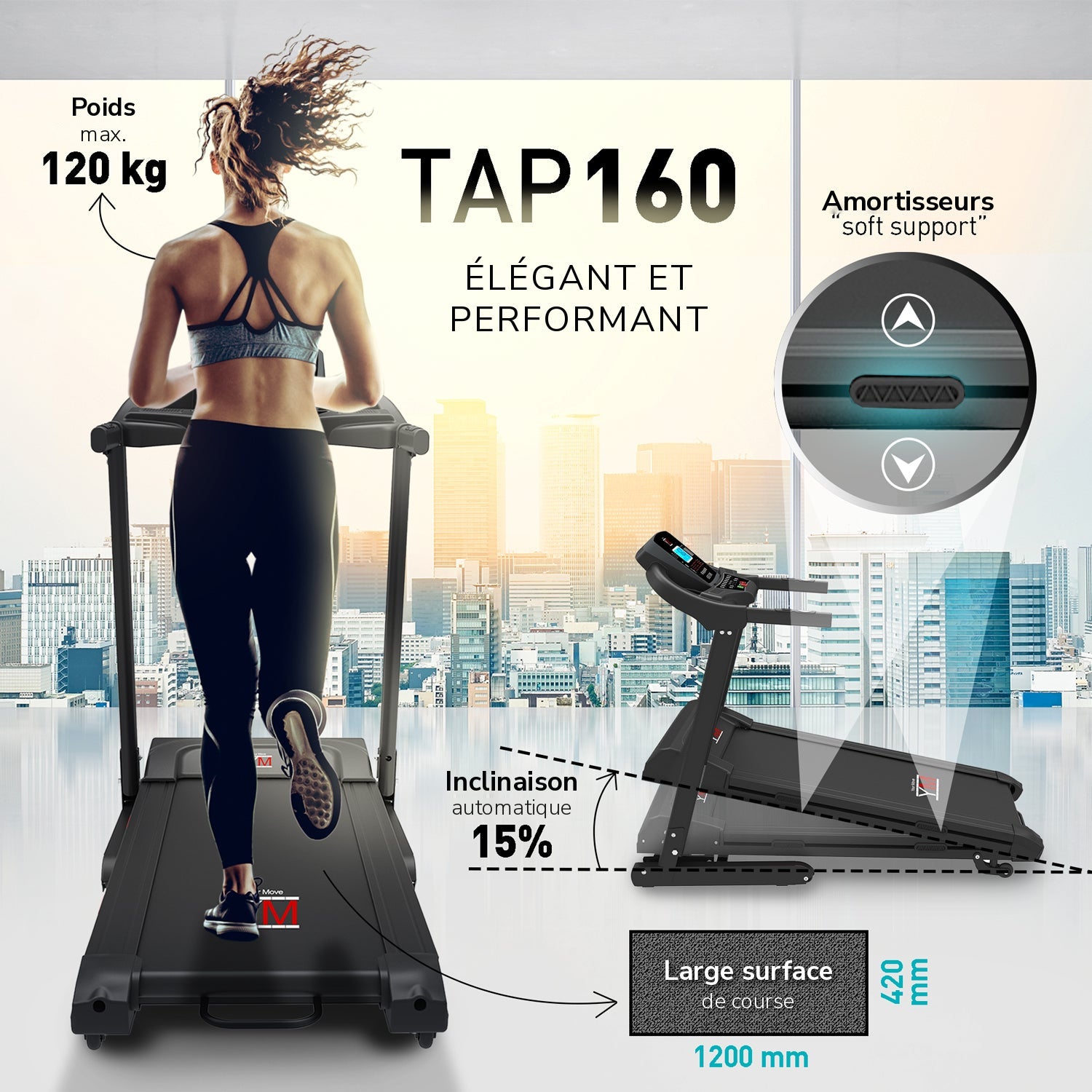 Tapis de course TAP 160 : poids max. 120 kg, amortisseurs, inclinaison automatique 15 %, surface de course 1200 x 420 mm