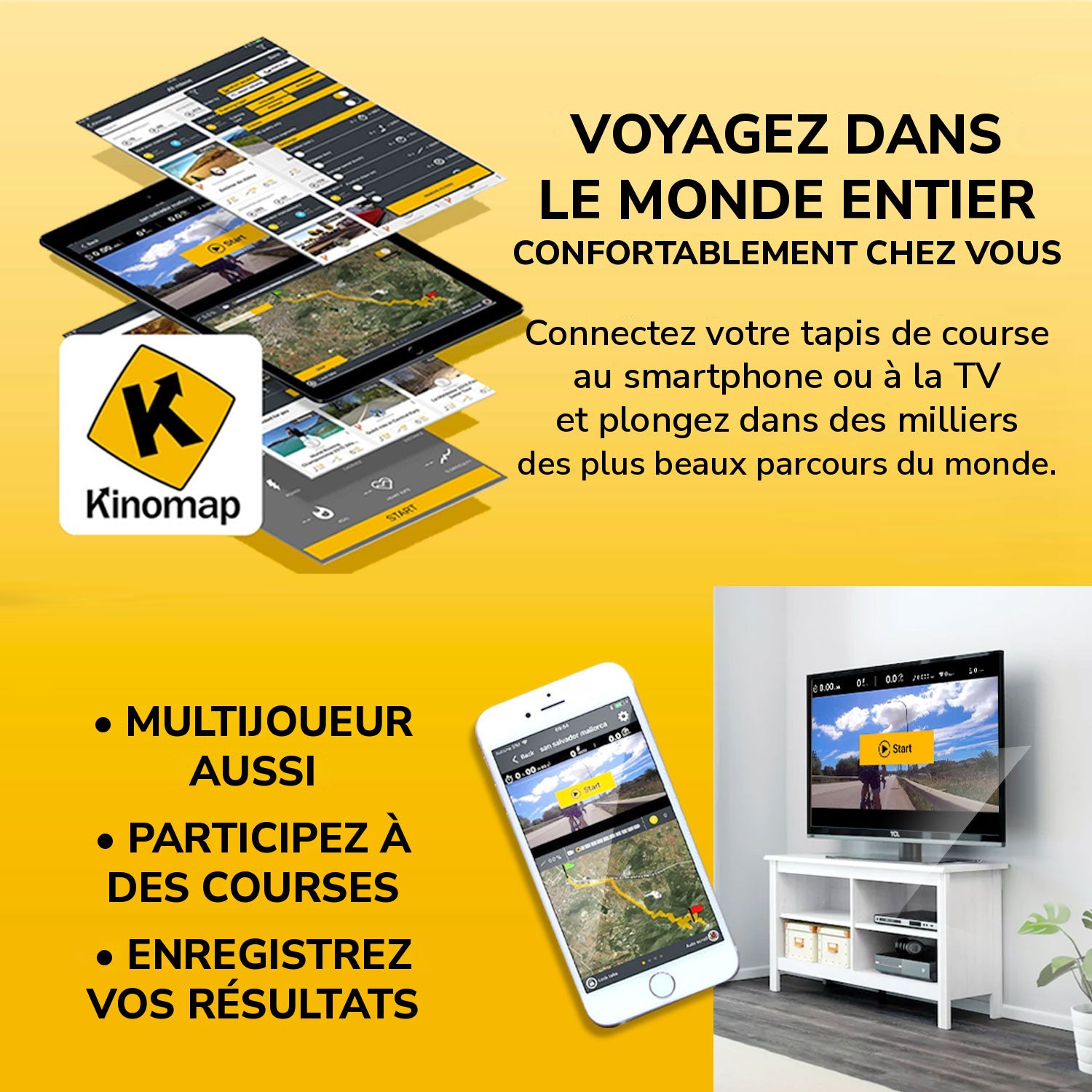 Tapis de course TAP 100 ST avec Kinomap : parcours du monde entier depuis chez vous, multijoueur, courses et résultats enregistrés