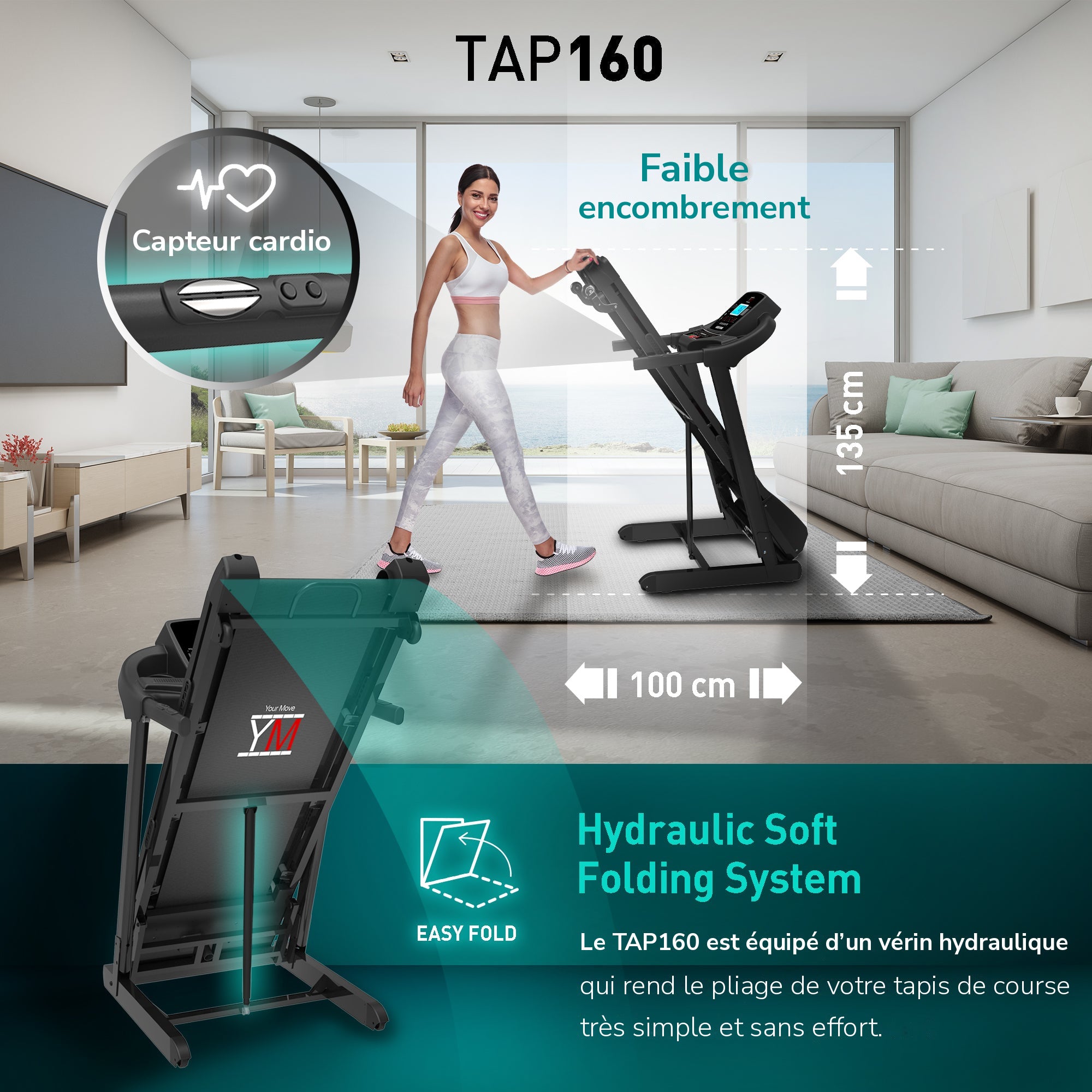 Tapis de course TAP 160 : capteur cardio, faible encombrement (135 x 100 cm) et vérin hydraulique pour un pliage sans effort