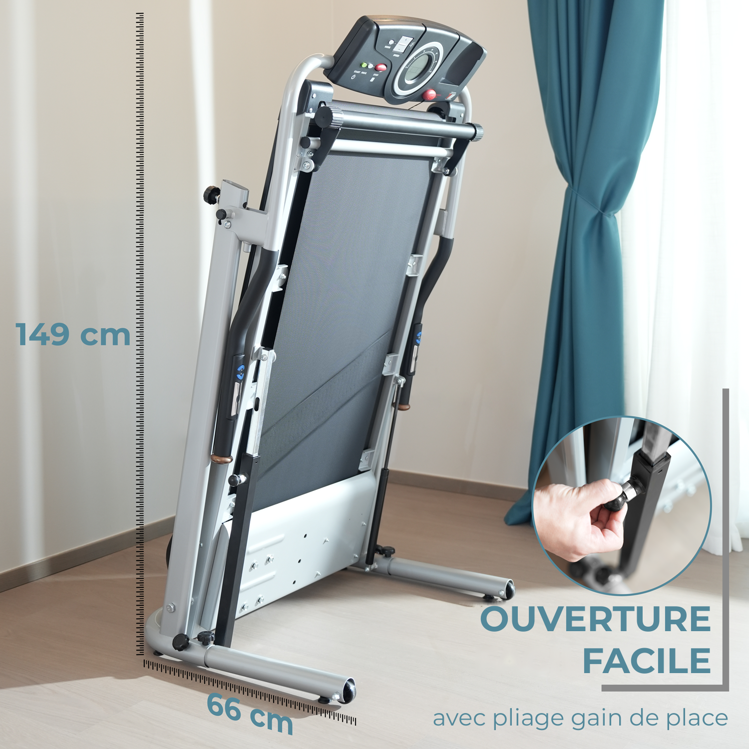 Tapis de course TAP X120 BEAR plié : ouverture facile, pliage gain de place, 149 x 66 cm