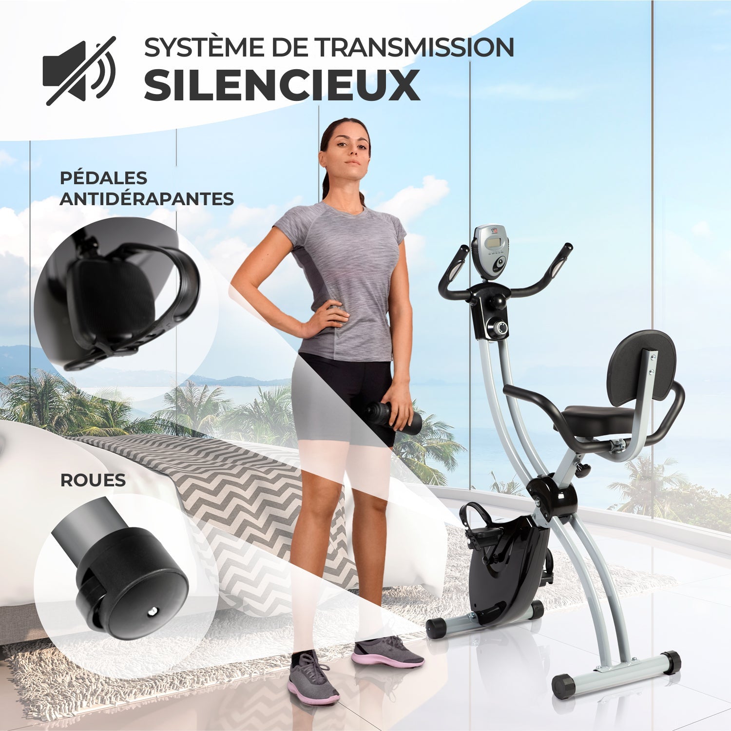 Bike TOP : système de transmission silencieux, pédales antidérapantes et roues de transport