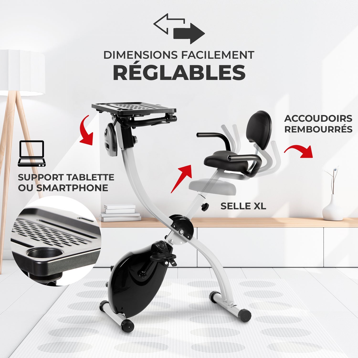 Bike TOP : dimensions facilement réglables, accoudoirs rembourrés, selle XL et support tablette ou smartphone