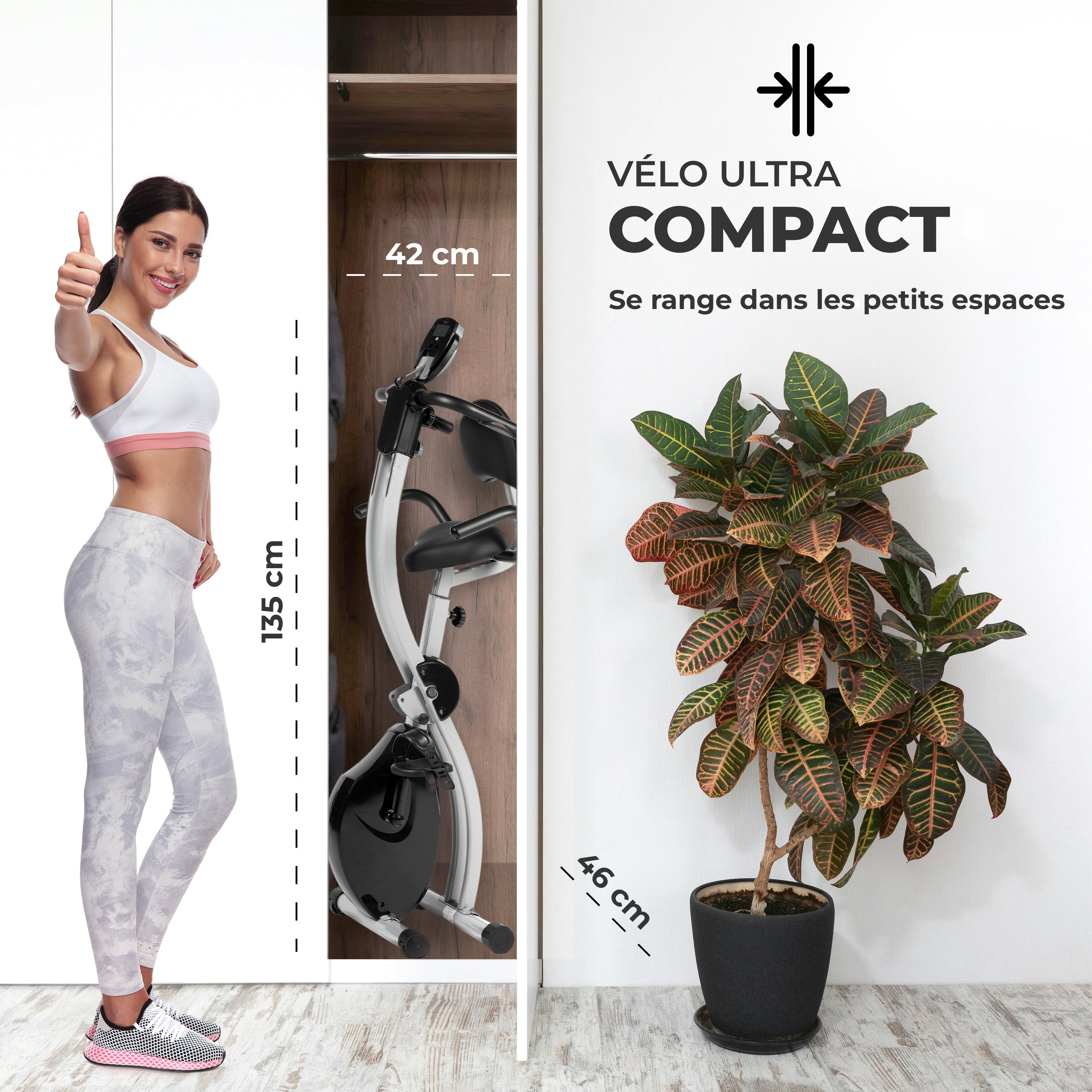 Vélo d’appartement pliable Bike TOP ultra compact : se range dans un placard, 42 x 135 x 46 cm