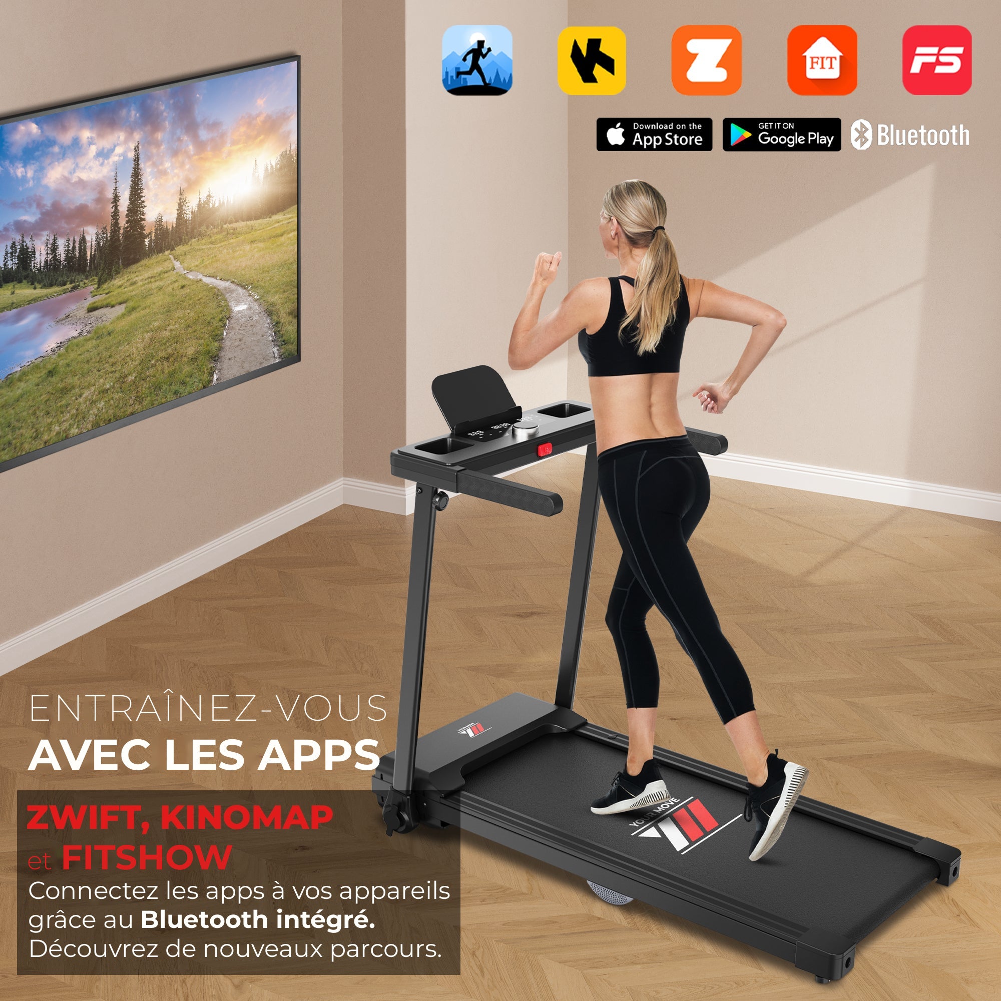 Tapis de course NEXT 2000 PRO, entraînez-vous avec Zwift, Kinomap et FitShow via Bluetooth