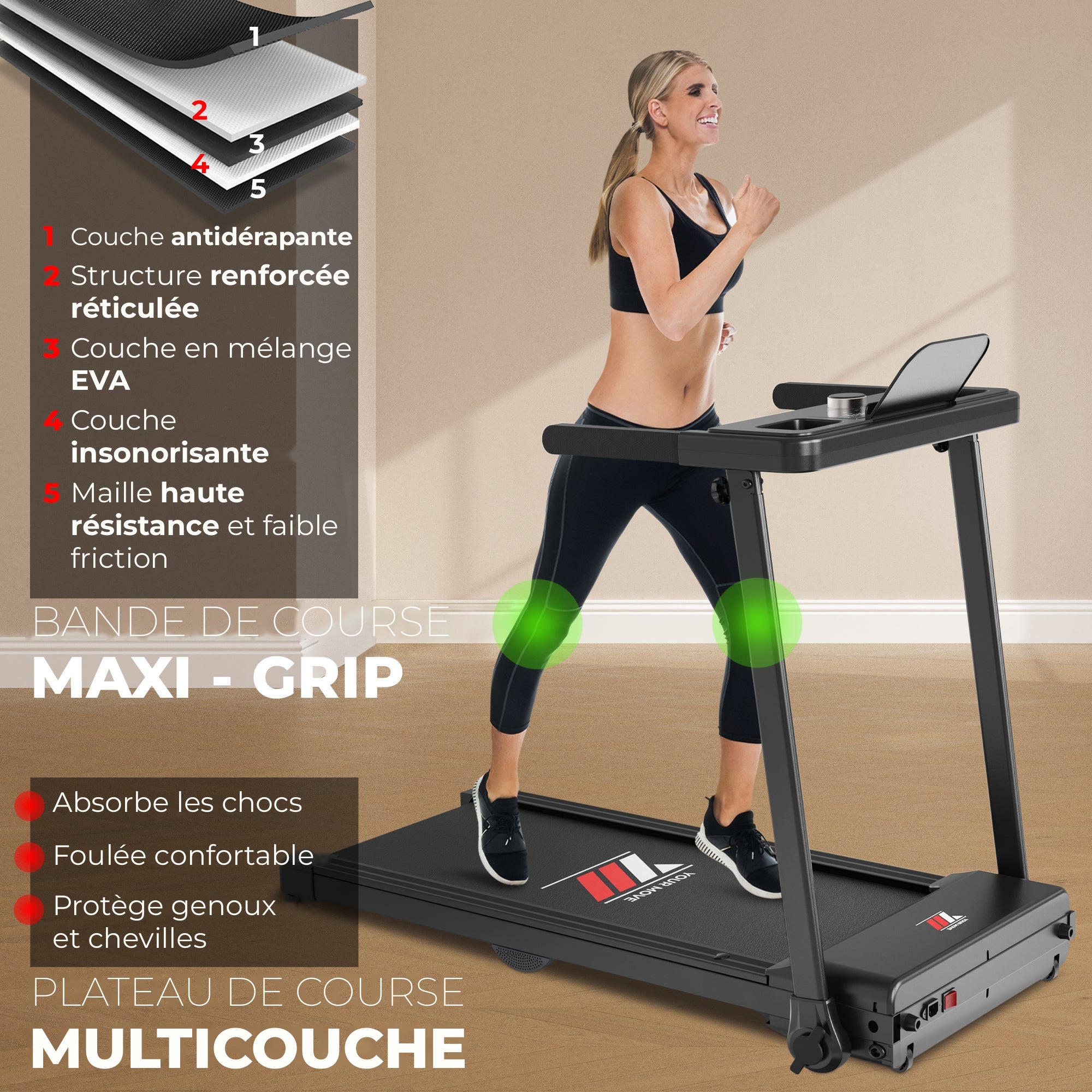 Tapis de course NEXT 2000 PRO, bande Maxi-Grip et plateau de course multicouche à 5 couches