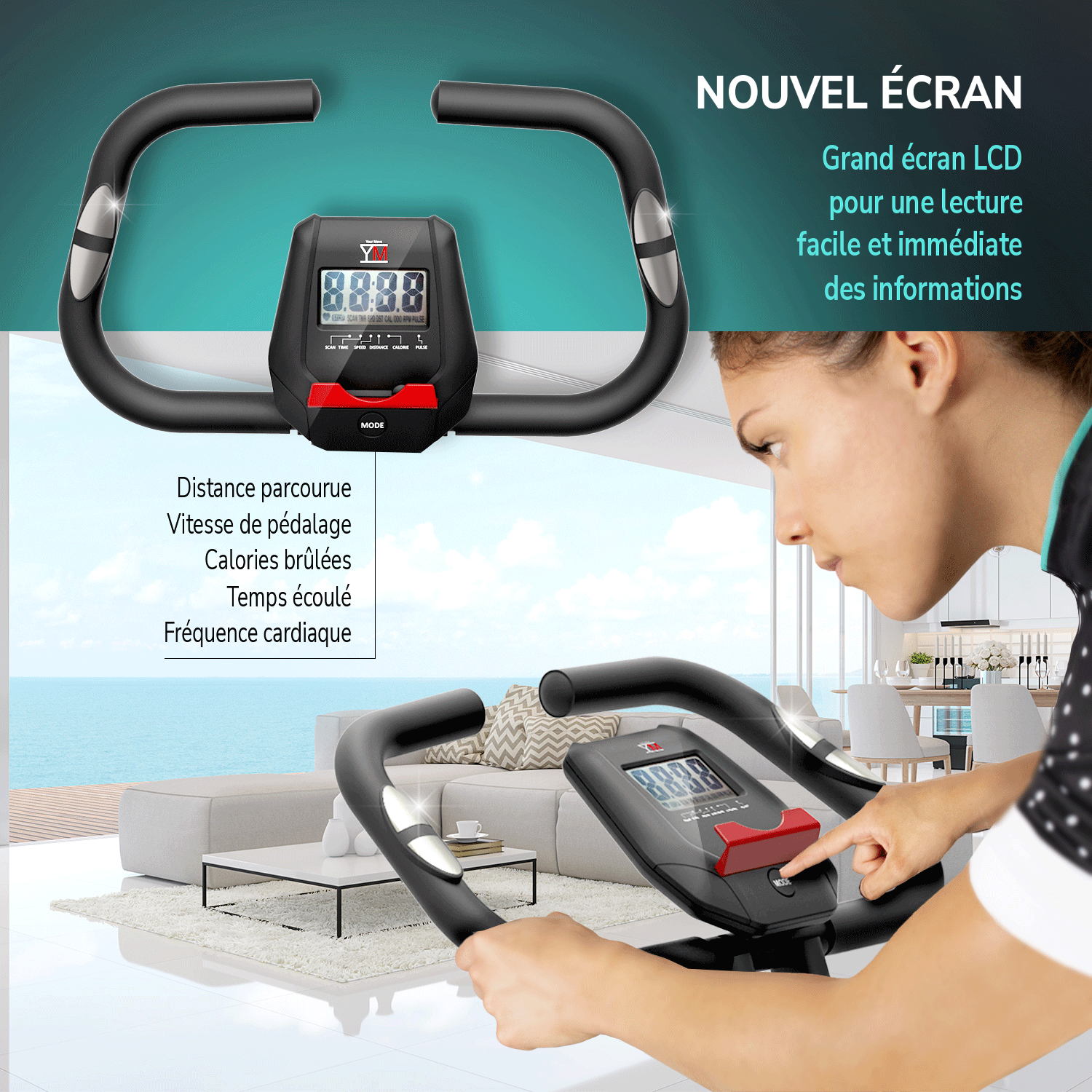 Bike NERO : nouvel écran LCD (distance, vitesse, calories, temps, fréquence cardiaque)
