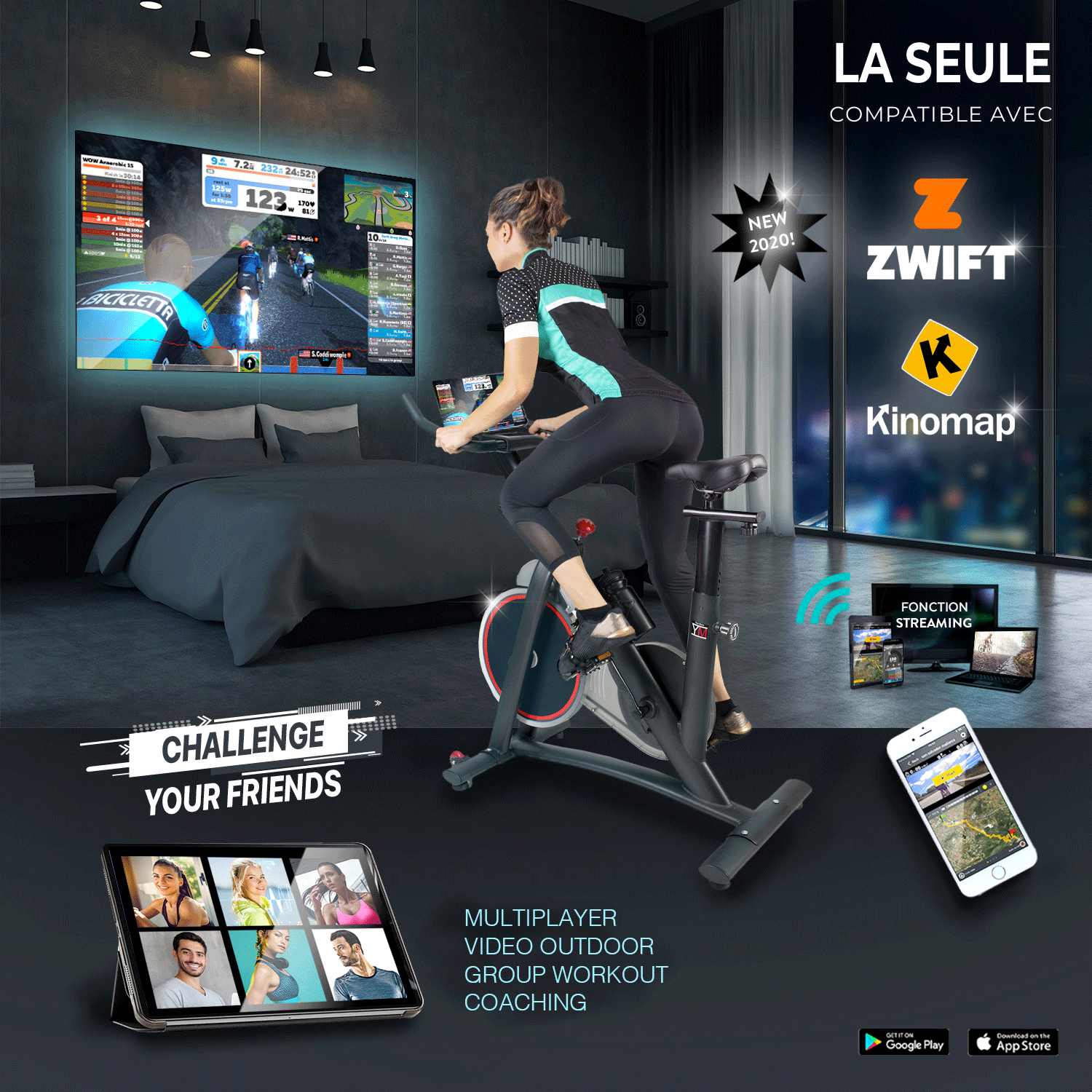 Vélo de spinning Spinn 2000 compatible Zwift et Kinomap : multijoueur, vidéos outdoor, cours collectifs et coaching