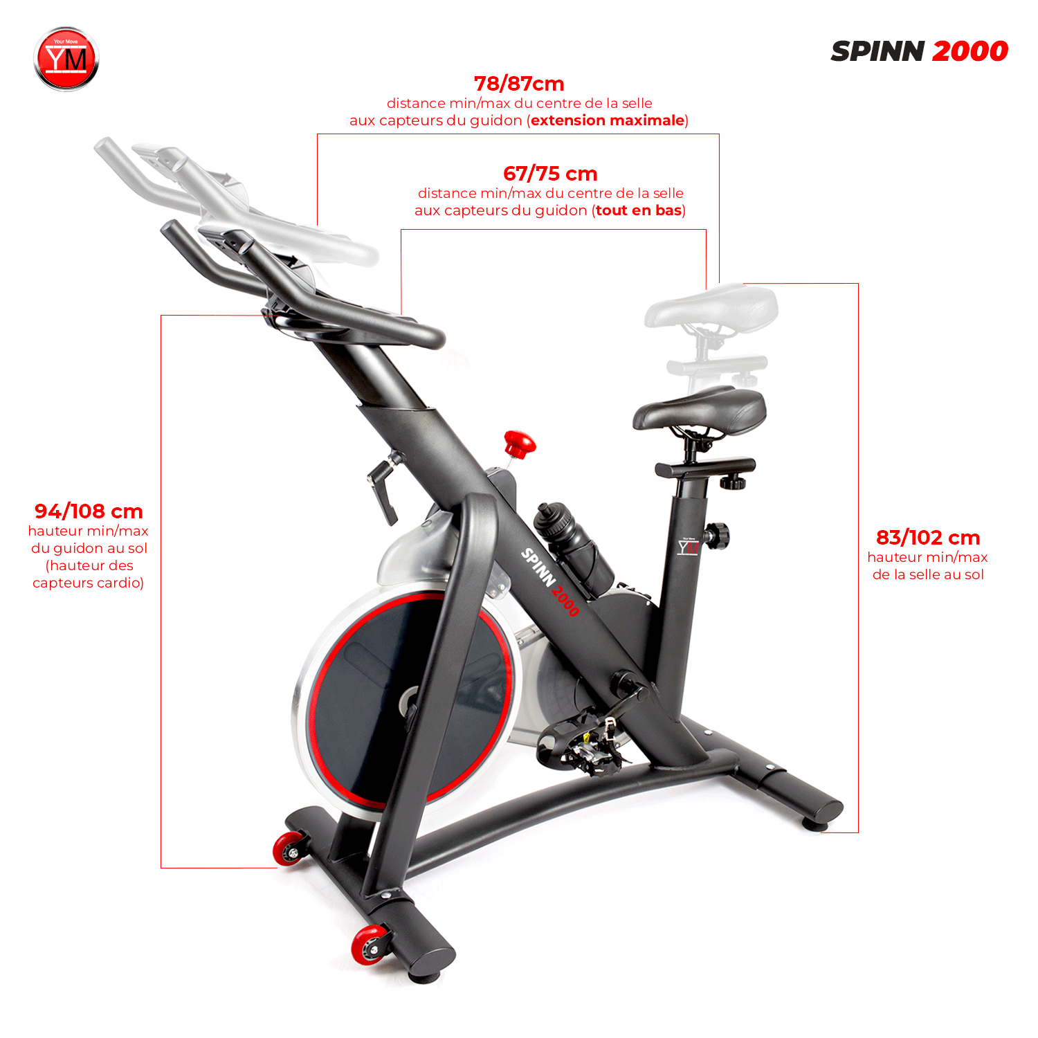 Dimensions du vélo de spinning Spinn 2000 : hauteur de la selle et du guidon, distance selle-guidon