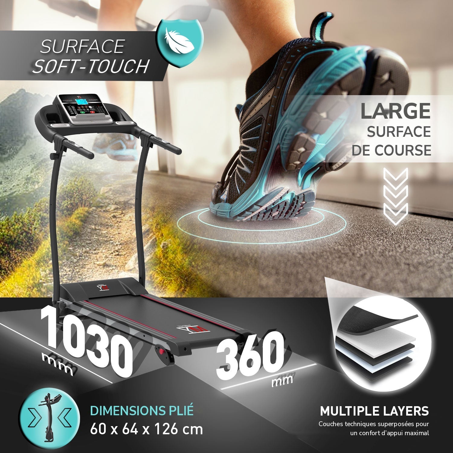 TAP 100 APP : surface soft-touch, large surface de course multicouche, dimensions plié 60 x 64 x 126 cm