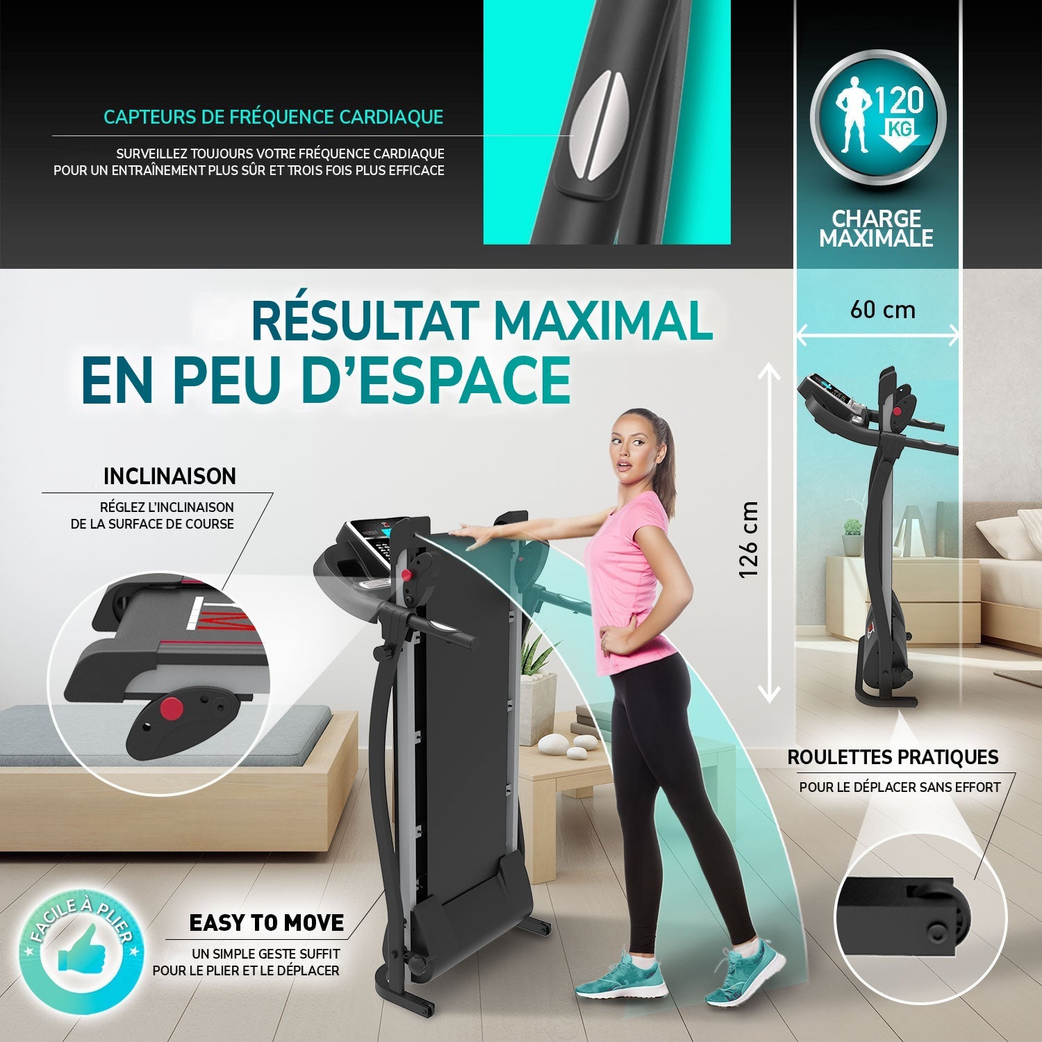 TAP 100 APP pliable : résultat maximal en peu d’espace, capteurs cardiaques, inclinaison et roulettes