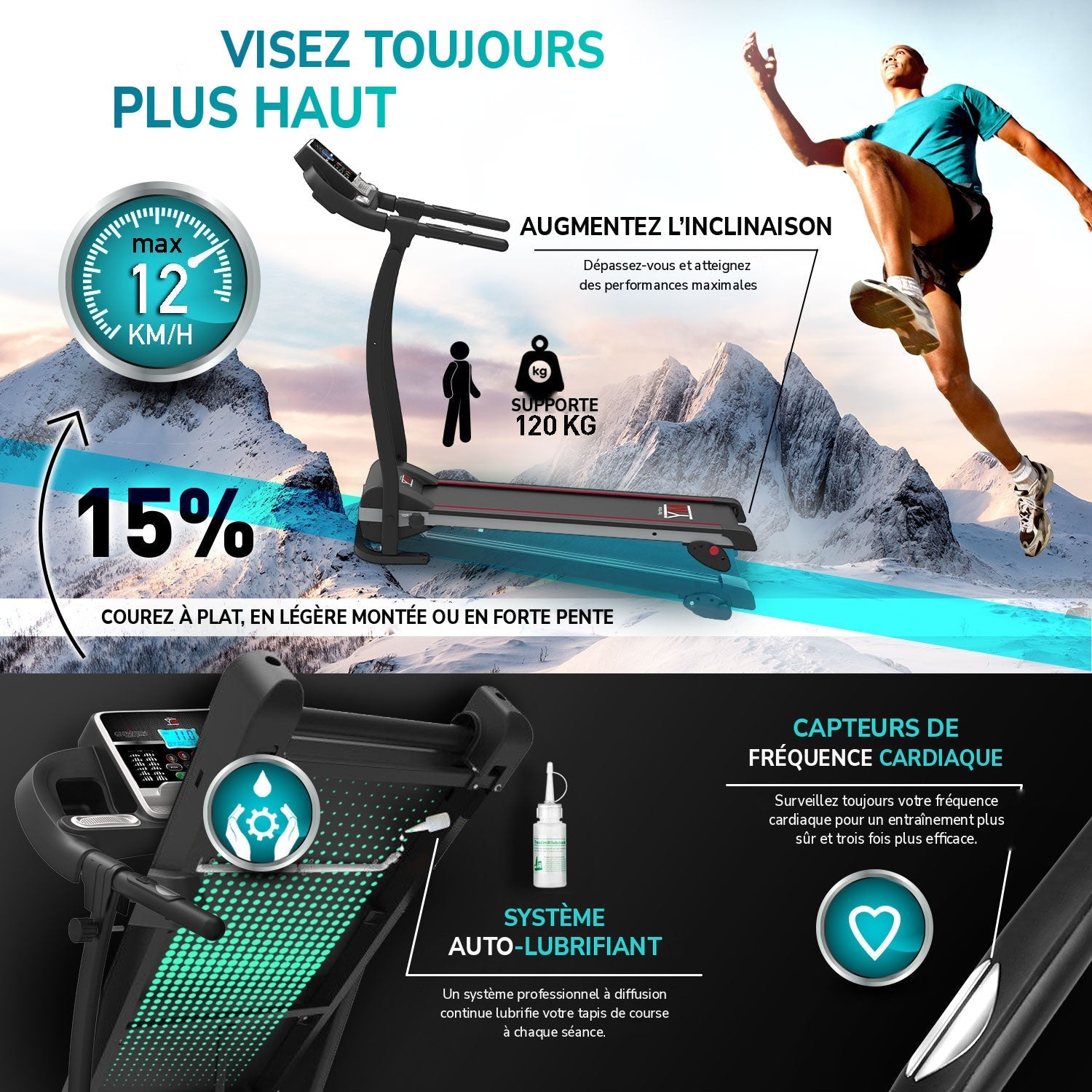 TAP 100 APP : inclinaison 15 %, vitesse max. 12 km/h, supporte 120 kg, capteurs cardiaques et système auto-lubrifiant