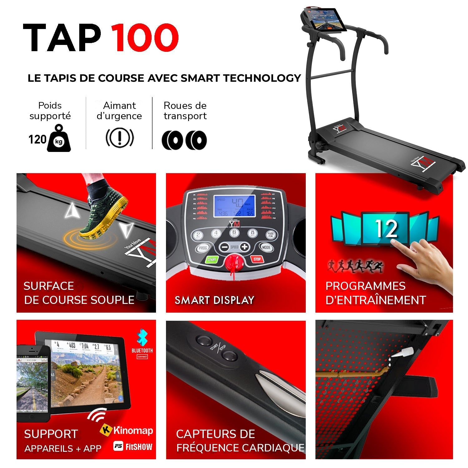 Tapis de course TAP 100 ST : smart technology : programmes, support appareils, capteurs de fréquence cardiaque