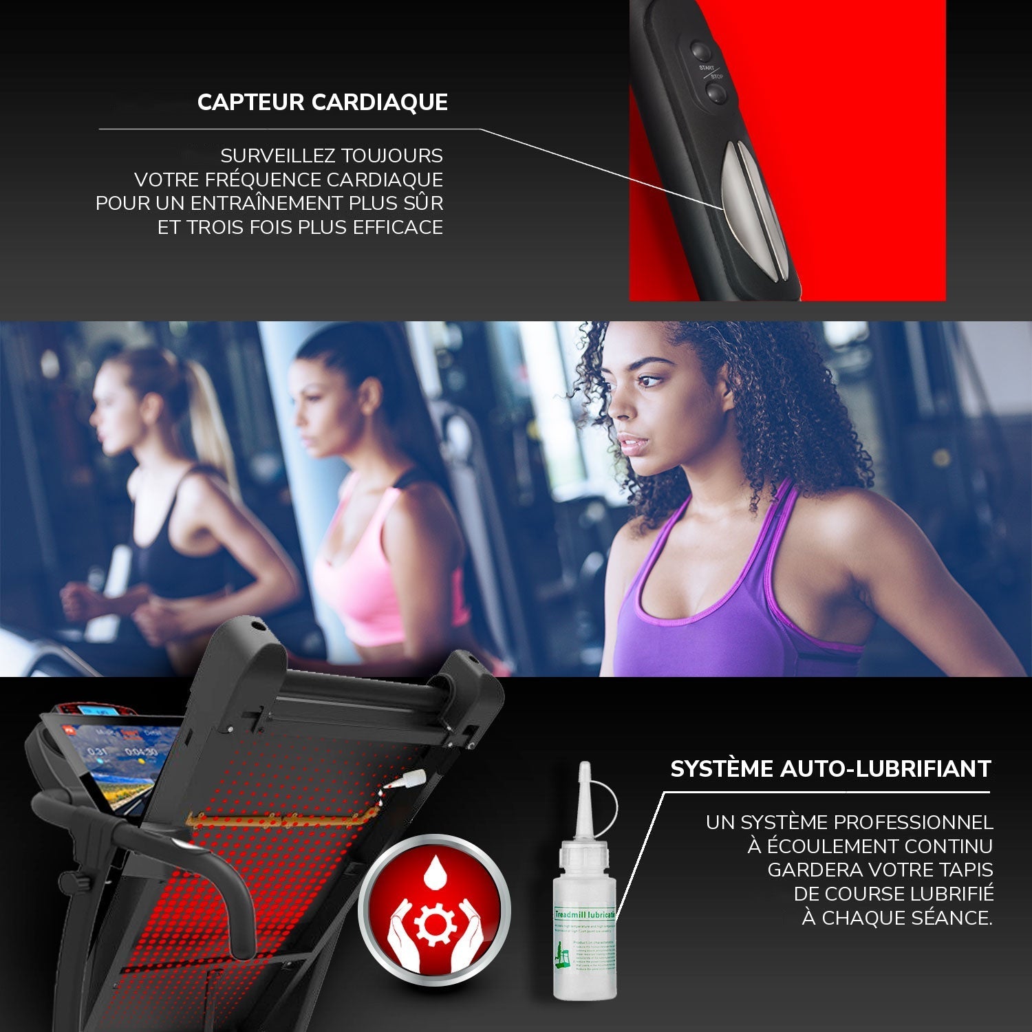 Tapis de course TAP 100 ST : capteur cardiaque et système auto-lubrifiant
