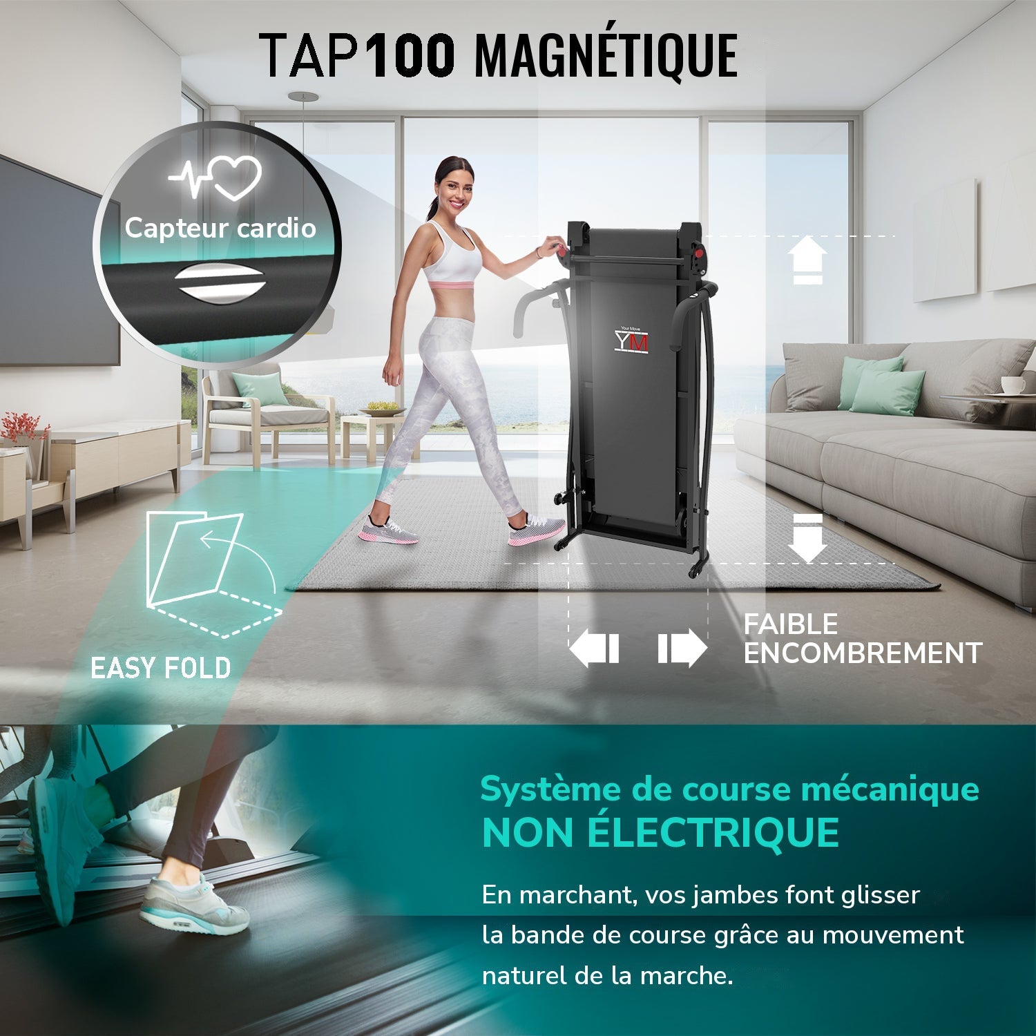 Tapis de course magnétique TAP 100 MAGNETIC : système magnétique non électrique, capteur cardio, faible encombrement