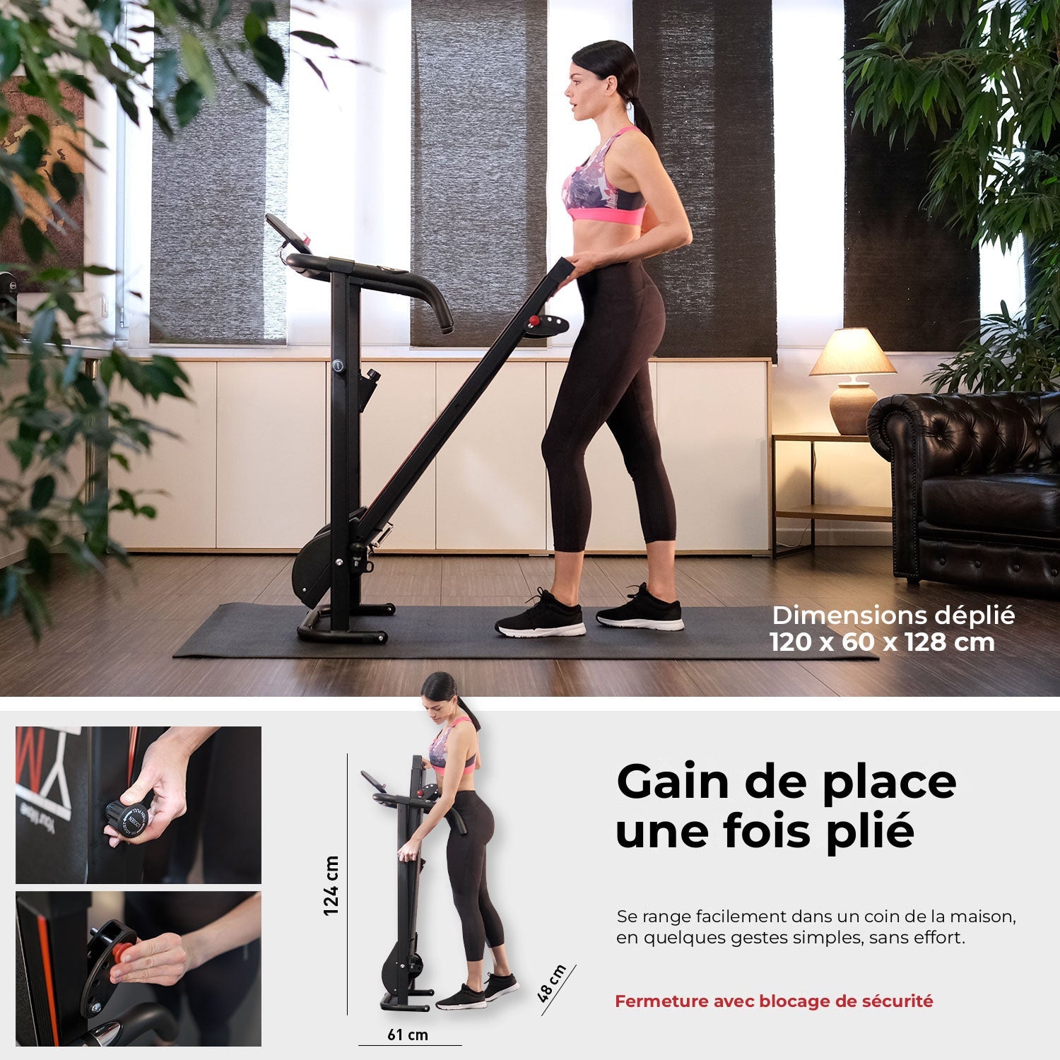 Tapis de course magnétique TAP 100 MAGNETIC : dimensions déplié et gain de place une fois plié
