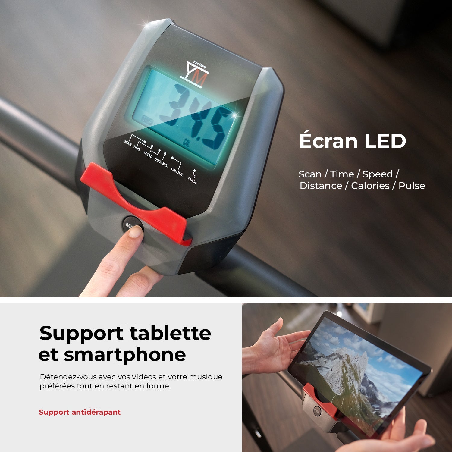 Tapis de course magnétique TAP 100 MAGNETIC : écran LED et support tablette et smartphone