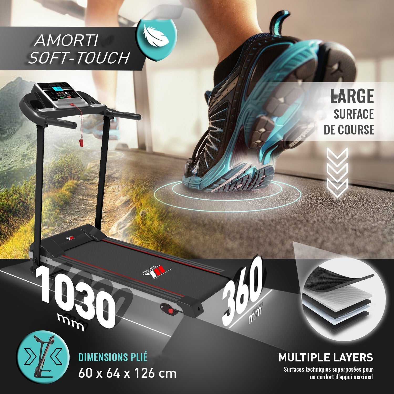 Tapis de course TAP 100 PLATINUM : surface amortie, large surface de course, dimensions plié