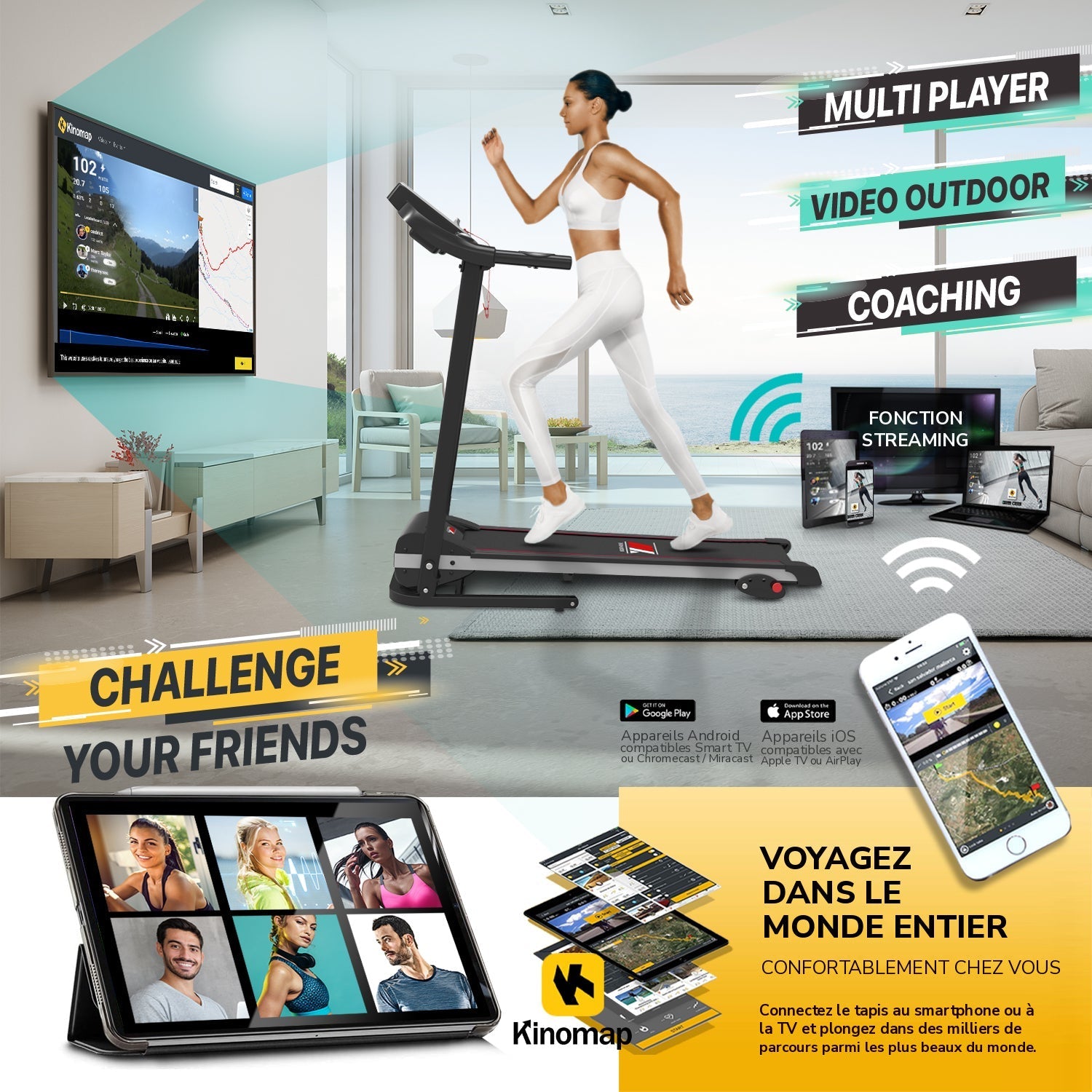Tapis de course TAP 100 PLATINUM : fonction streaming et apps, voyagez dans le monde entier depuis chez vous