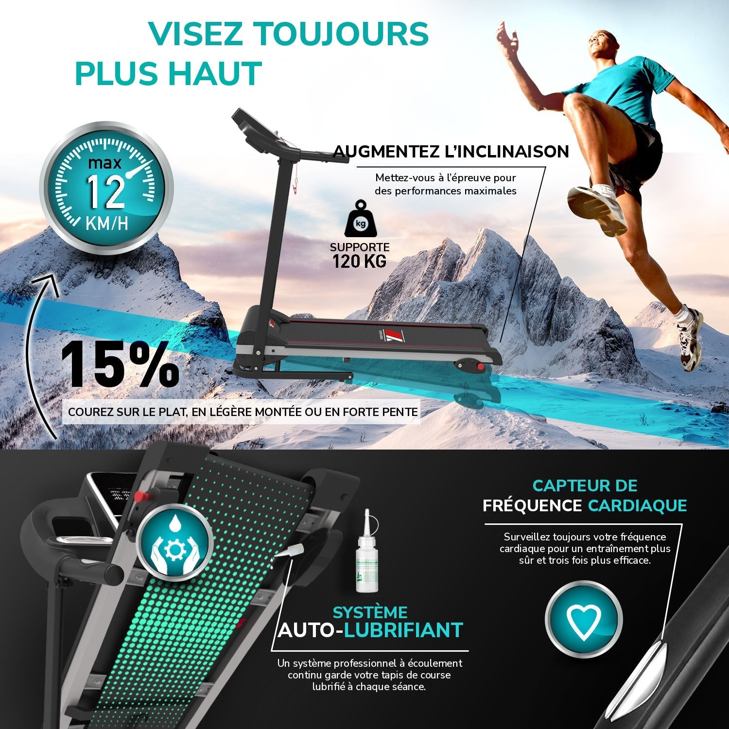 Tapis de course TAP 100 PLATINUM : inclinaison, supporte 120 kg, capteurs de fréquence cardiaque, système auto-lubrifiant