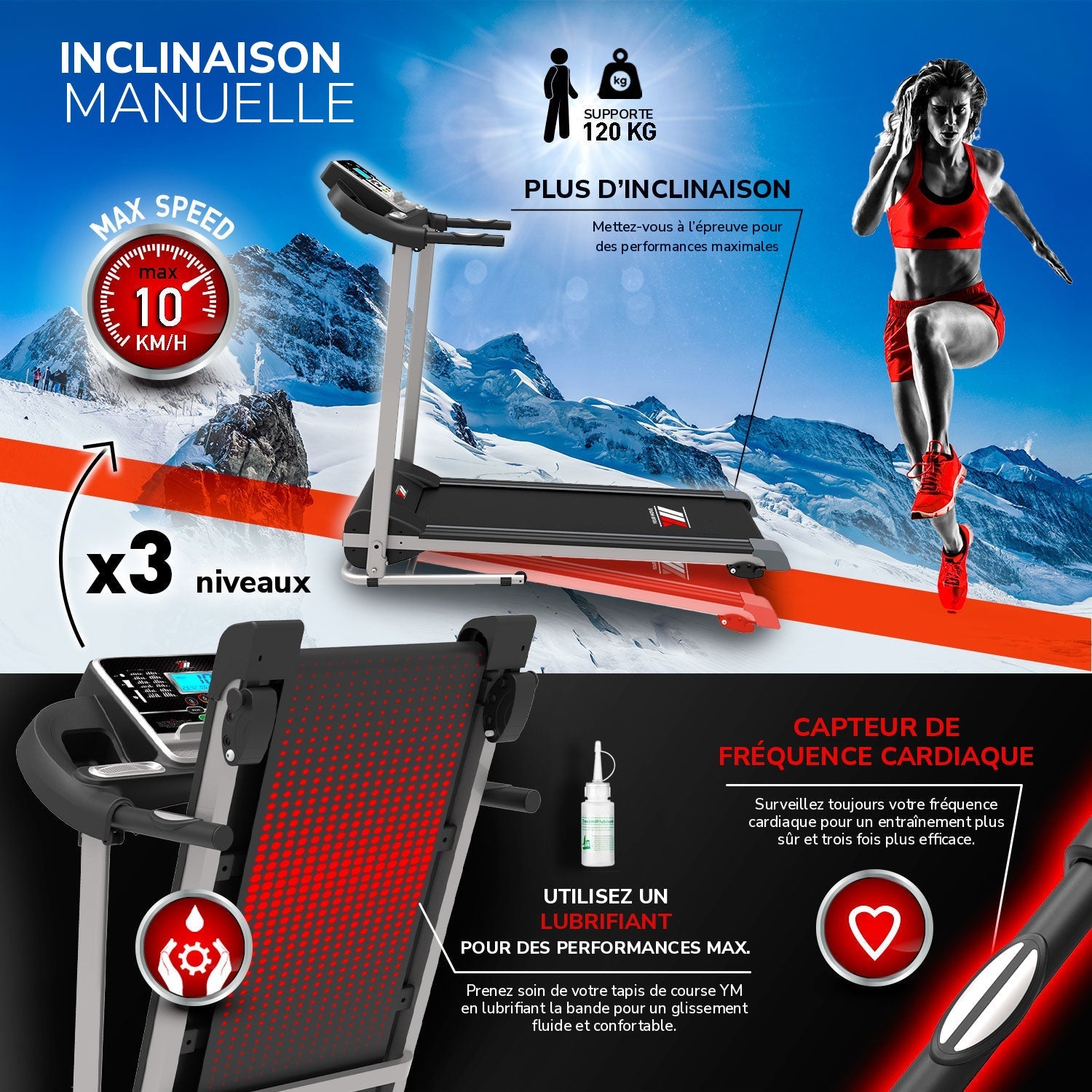 Tapis de course TAP 100 SPKR : inclinaison manuelle, capteurs cardiaques, lubrifiant