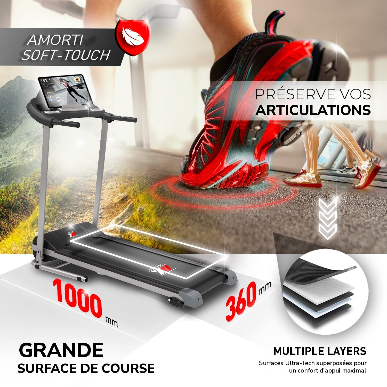 Tapis de course TAP 100 SPKR : surface amortie et grande surface de course