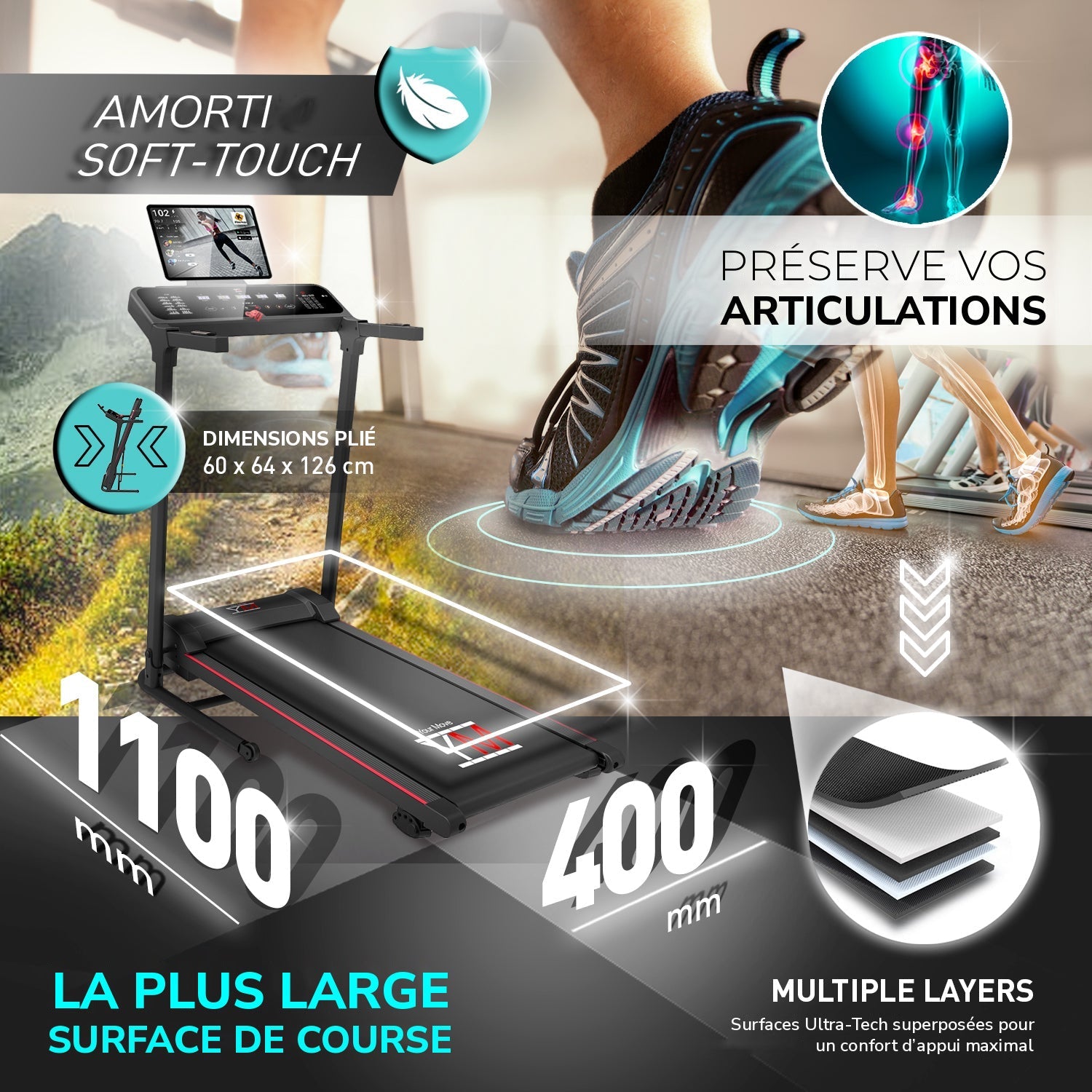 Tapis de course TAP 120 : surface amortie, dimensions plié, large surface de course