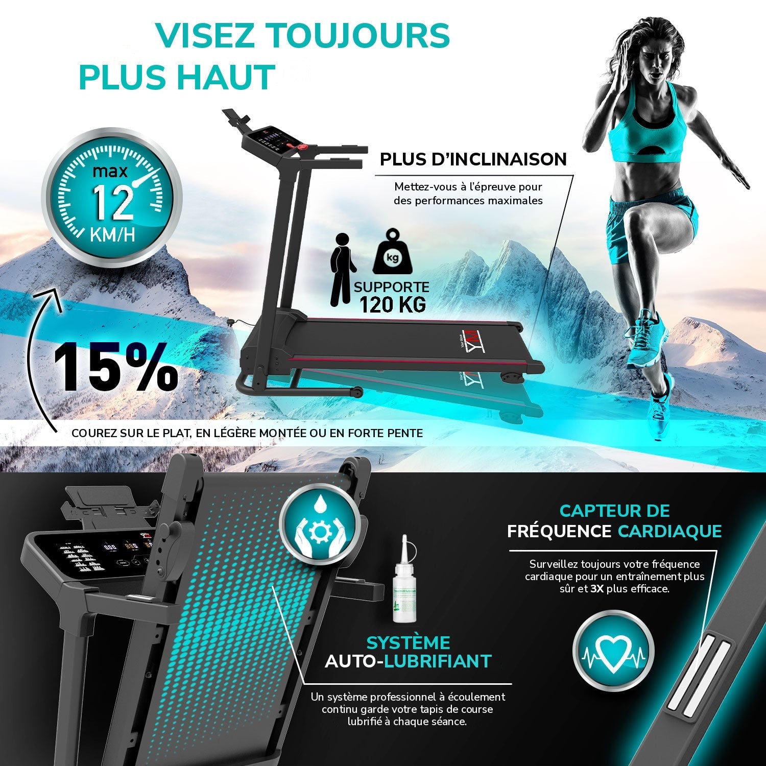 Tapis de course TAP 120 : inclinaison, capteurs cardiaques et système auto-lubrifiant