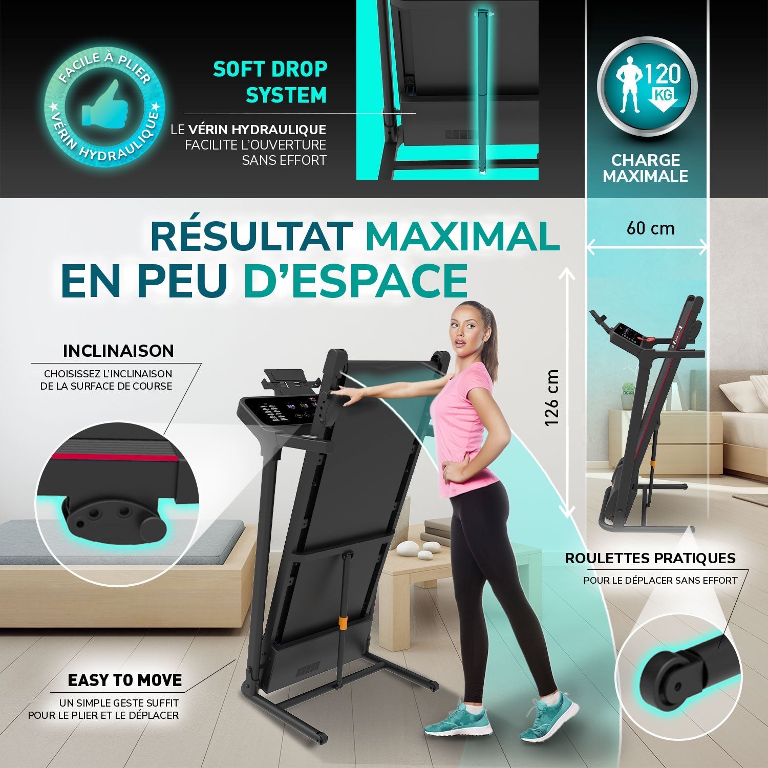 Tapis de course TAP 120 : vérin hydraulique, charge maximale, inclinaison, roulettes pratiques