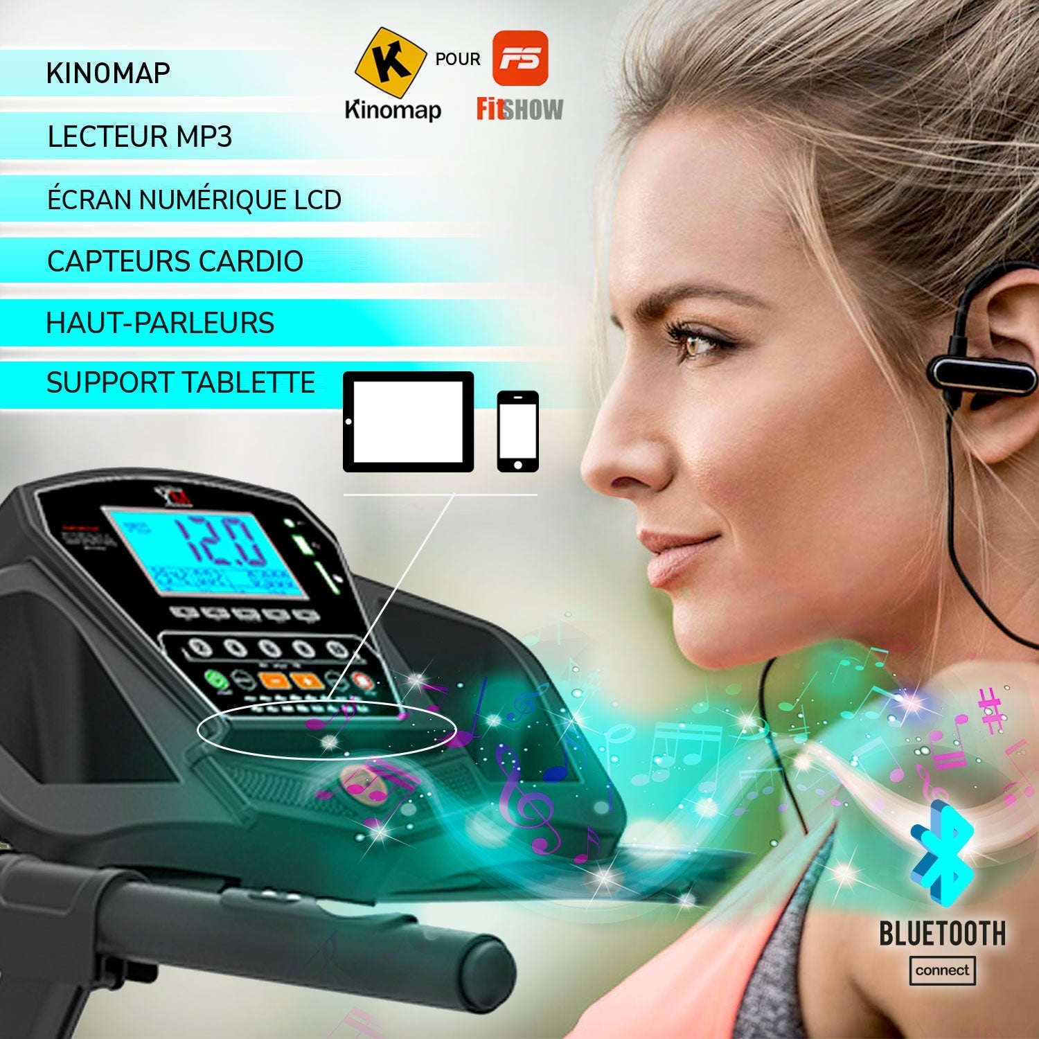 TAP 140 : Kinomap via FitShow, lecteur MP3, écran LCD, haut-parleurs, support tablette