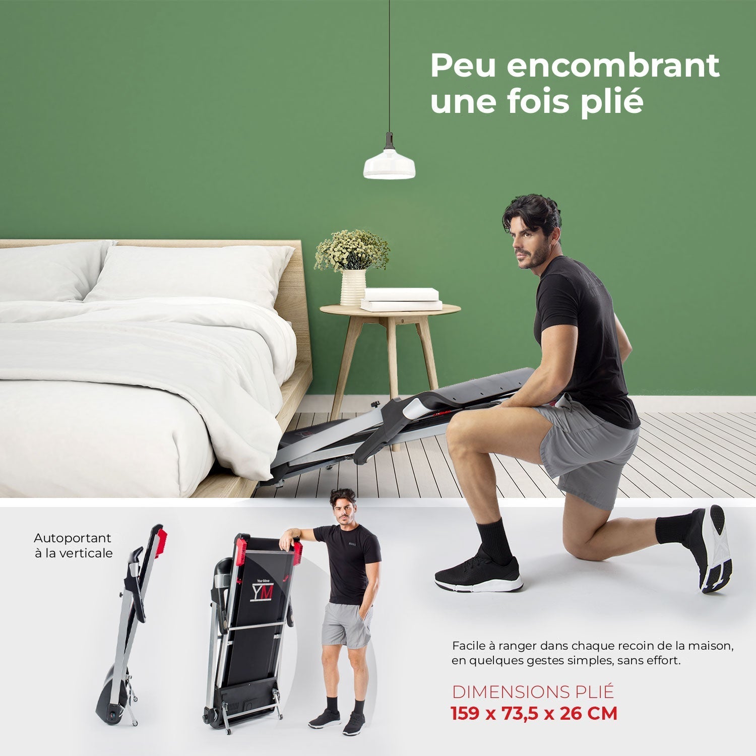 Tapis de course TAP 160 PRO pliable et autoportant, dimensions plié 159 x 73,5 x 26 cm