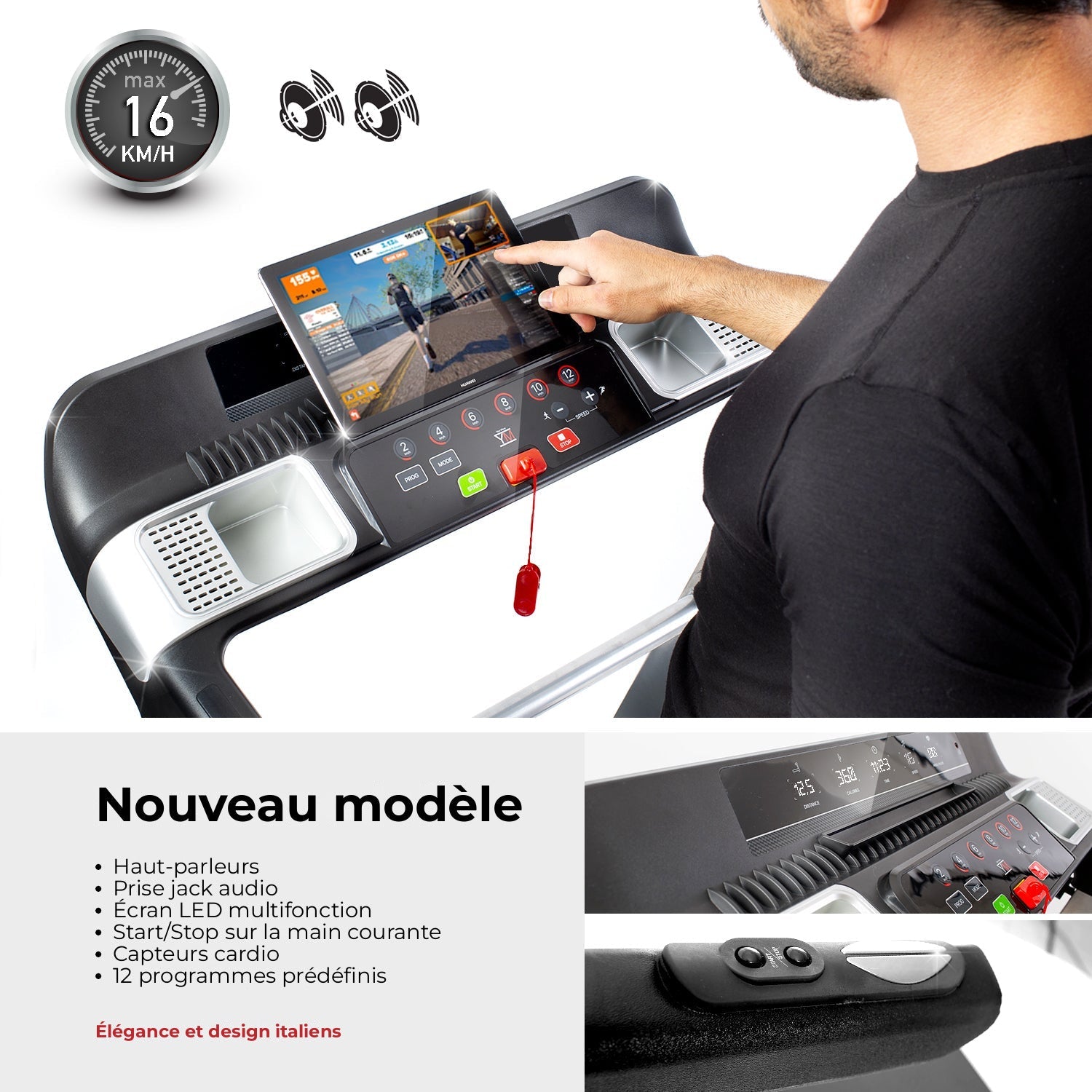 TAP 160 PRO nouveau modèle : haut-parleurs, écran LED multifonction, capteurs cardio, 12 programmes, vitesse max. 16 km/h