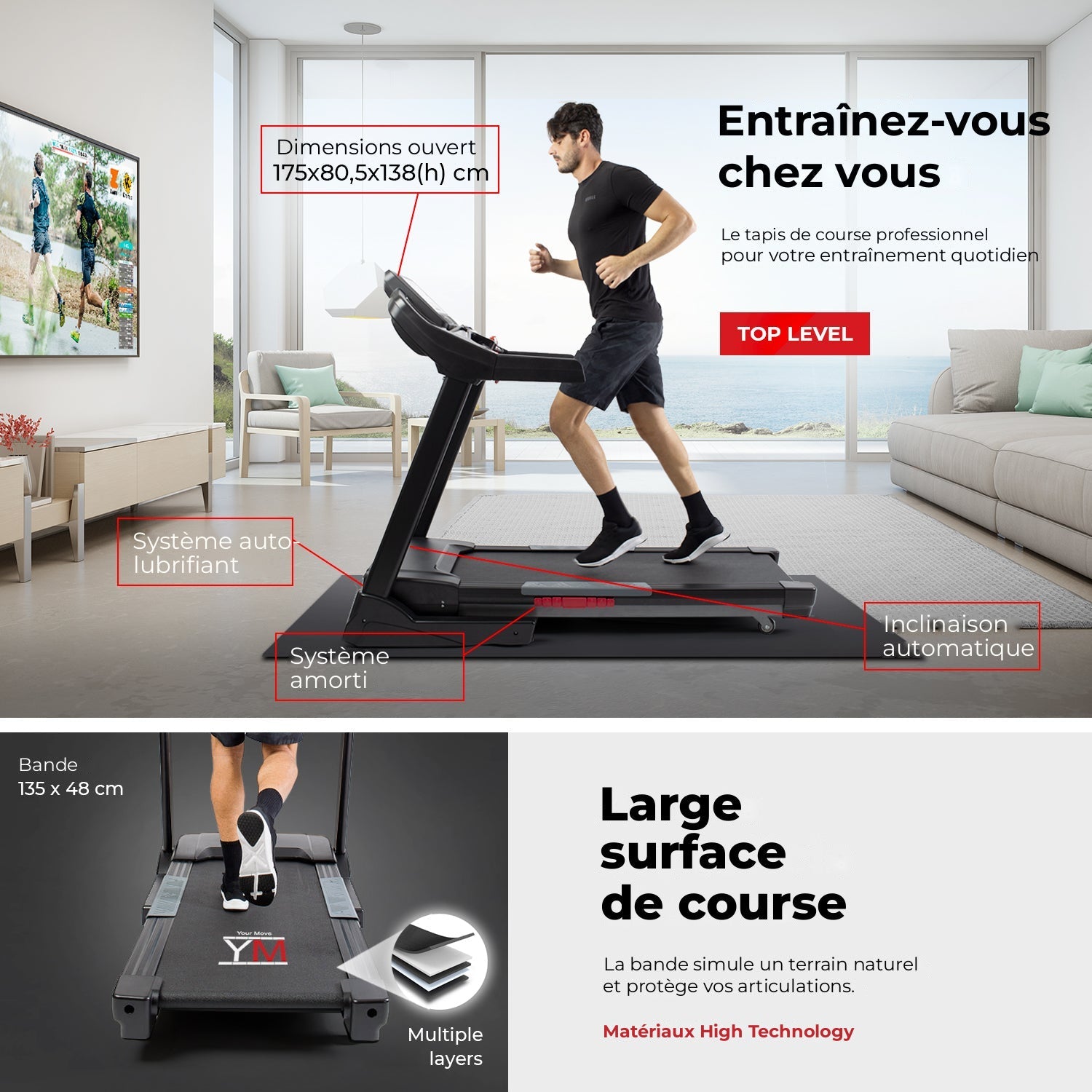 Tapis de course professionnel Your Move TAP 180 PRO : inclinaison automatique, système amorti et auto-lubrifiant, bande 135 x 48 cm