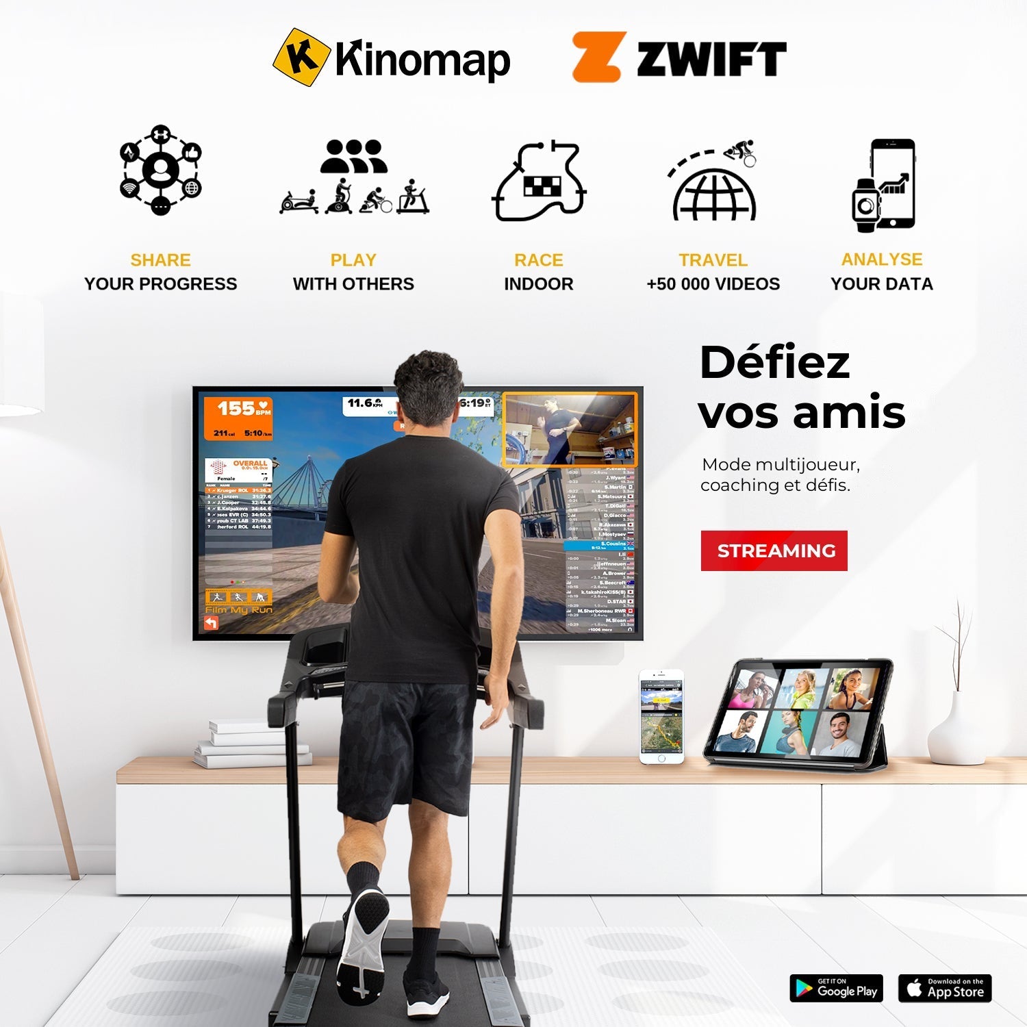 TAP 180 PRO compatible Kinomap et Zwift : défiez vos amis en multijoueur, fonction streaming