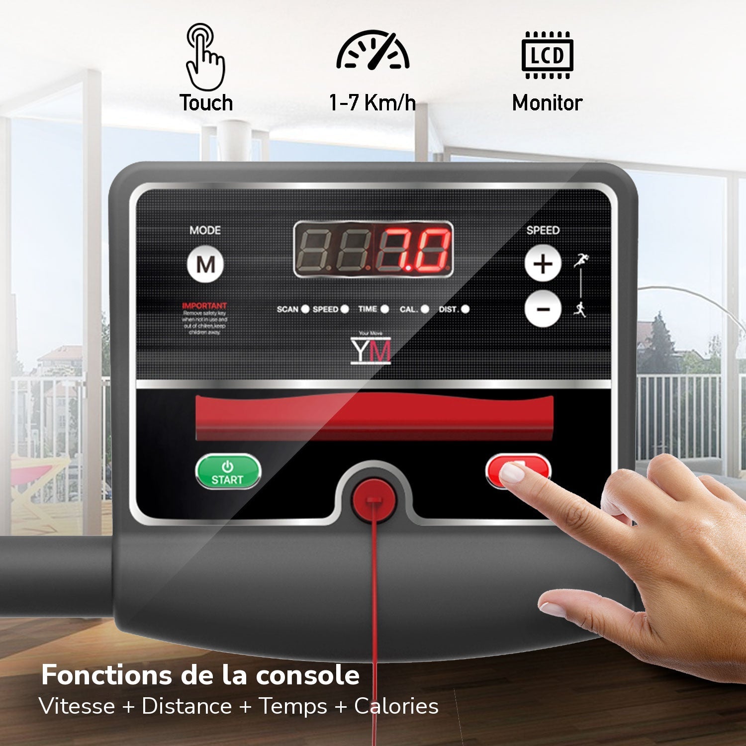 Tapis de course TAP 70 : fonctions de la console : vitesse, distance, temps, calories