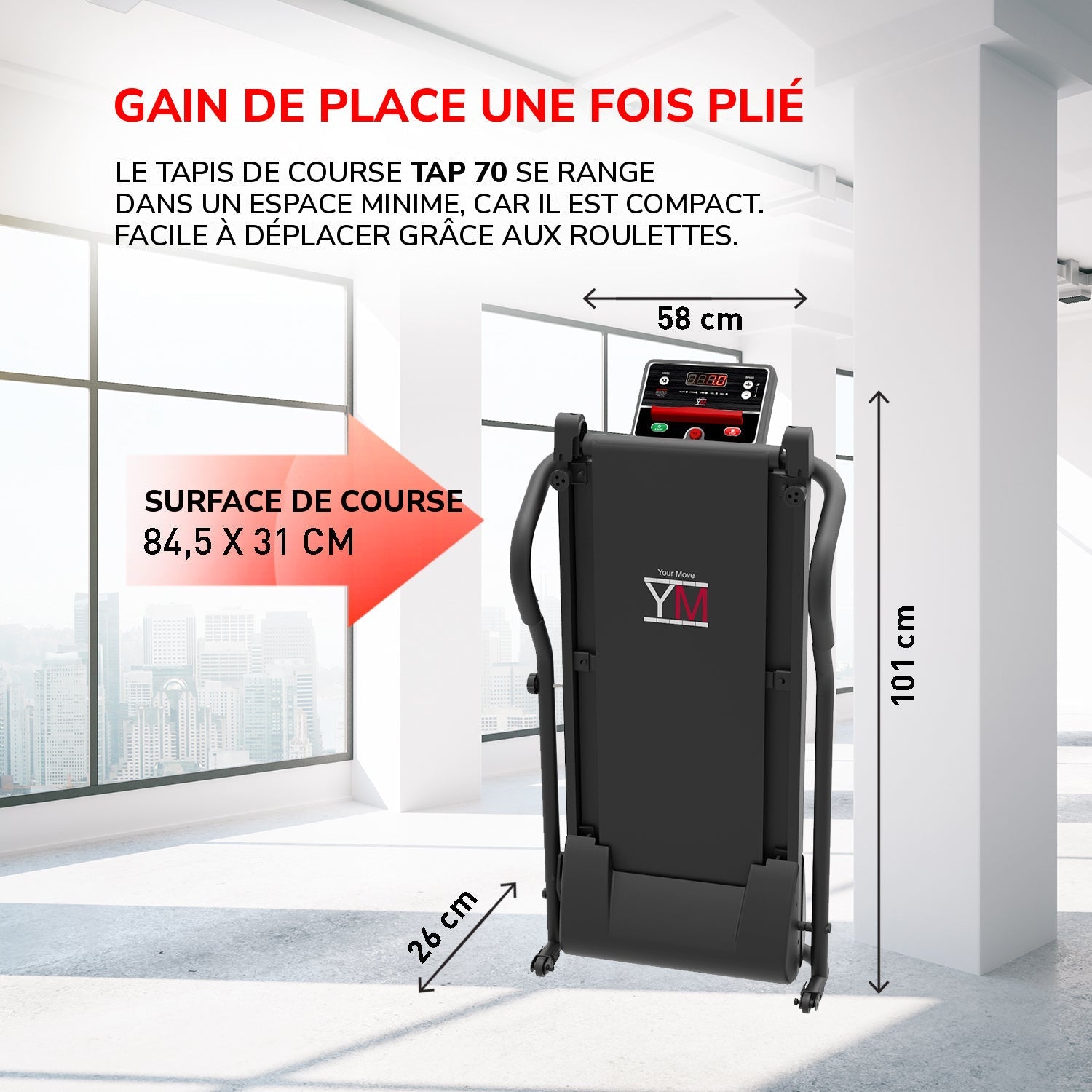 Tapis de course TAP 70 : gain de place une fois plié, surface de course