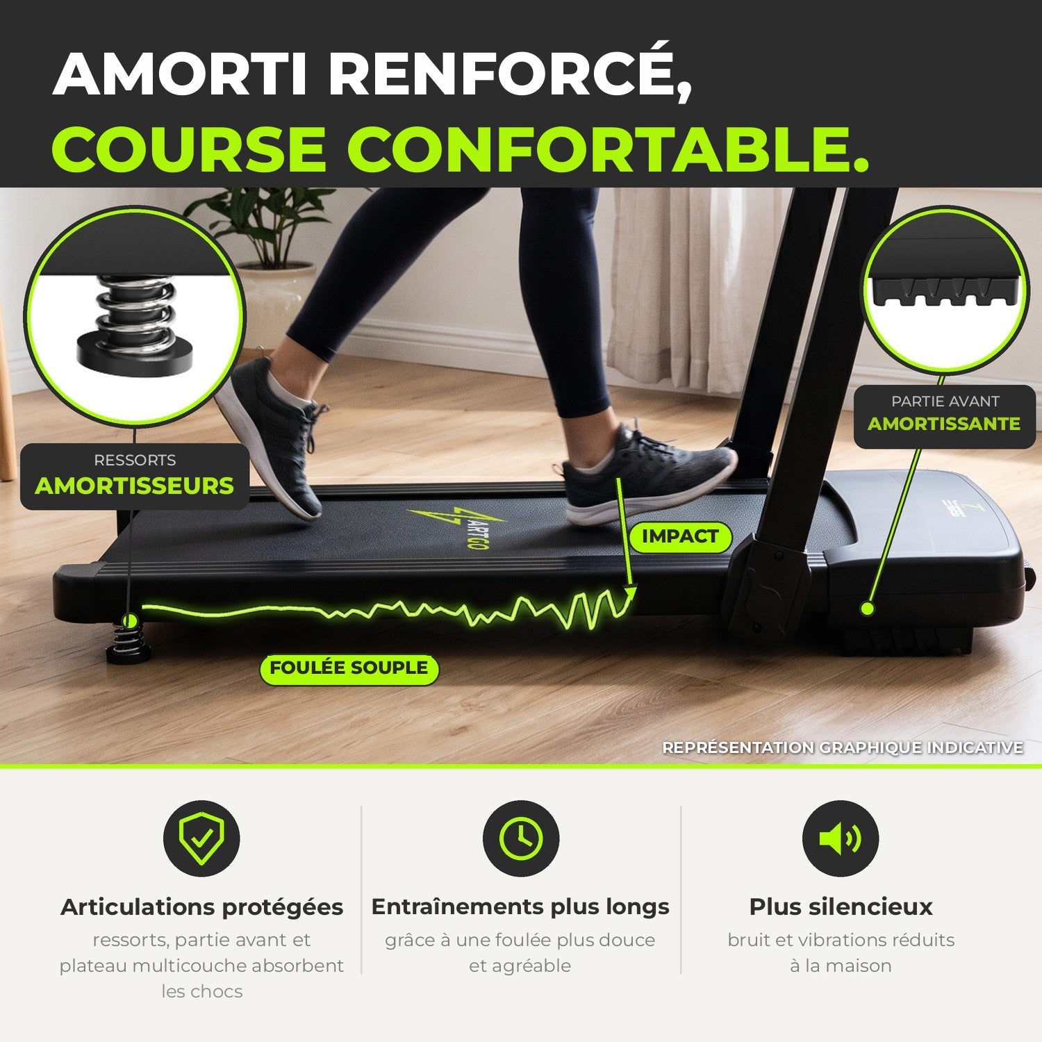 Tapis de course ArtGo Raffaello : amorti renforcé avec ressorts et partie avant amortissante