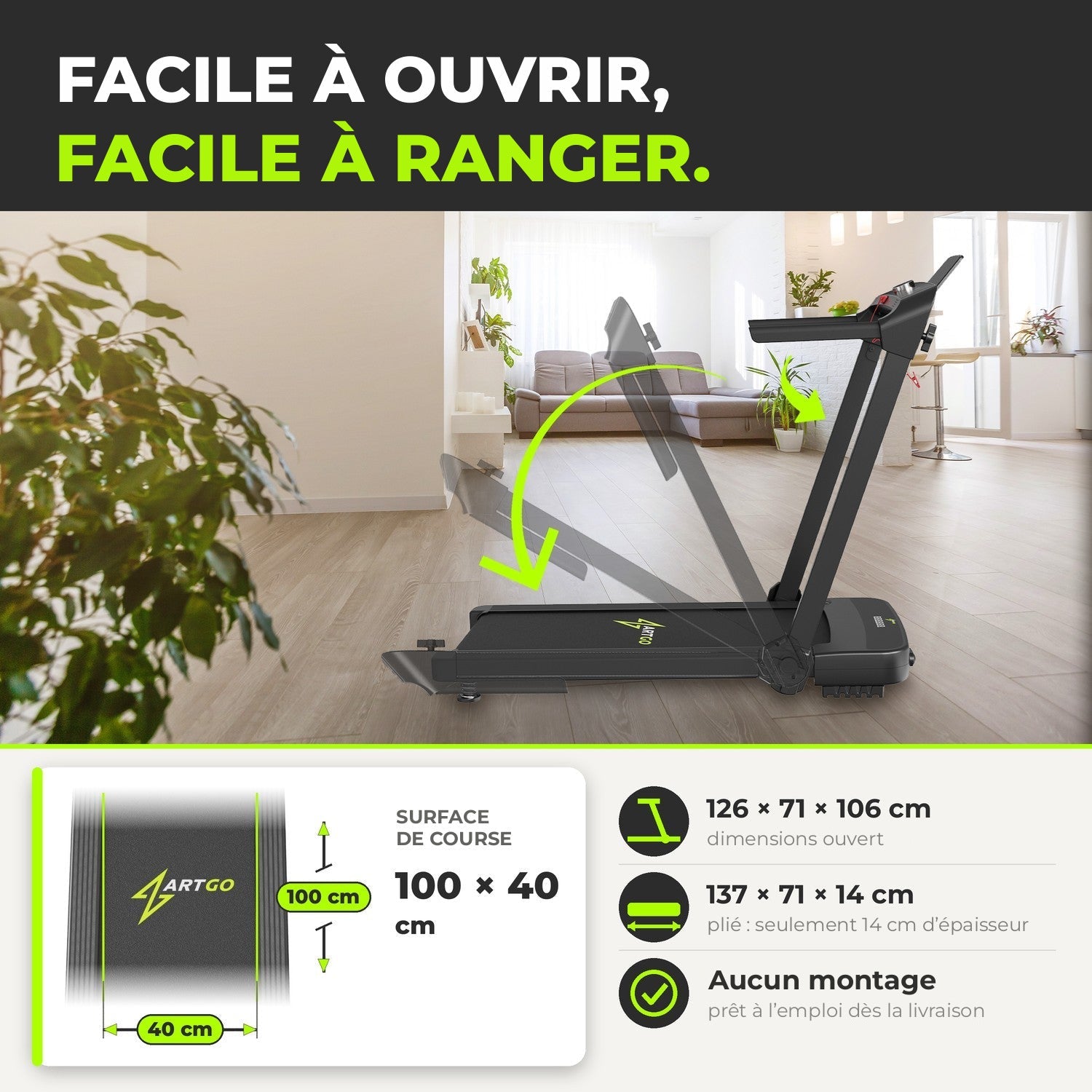 Tapis de course ArtGo Raffaello pliable, facile à ouvrir et à ranger, sans montage