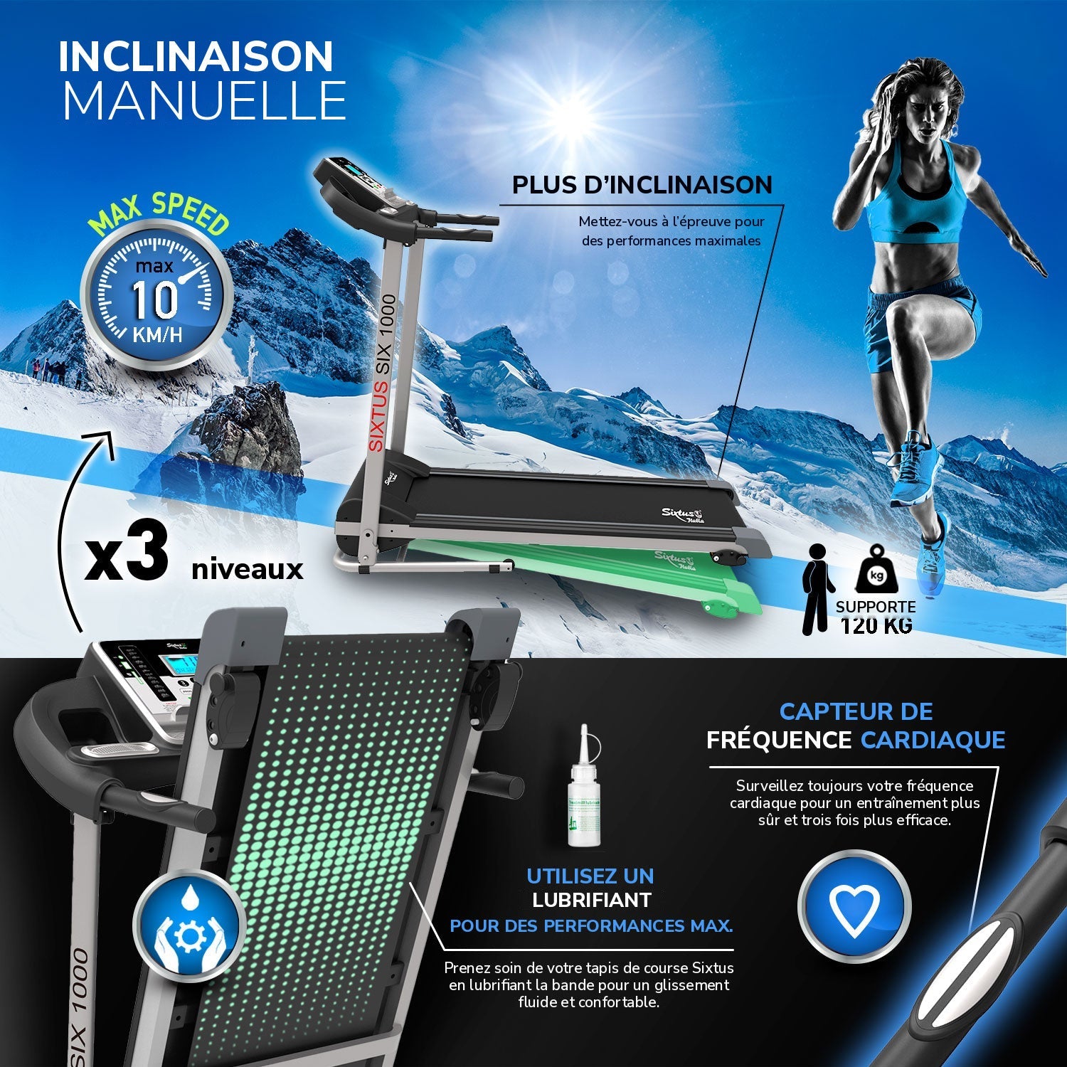 Tapis de course Sixtus SIX-1000 : inclinaison manuelle, capteurs cardiaques, lubrifiant