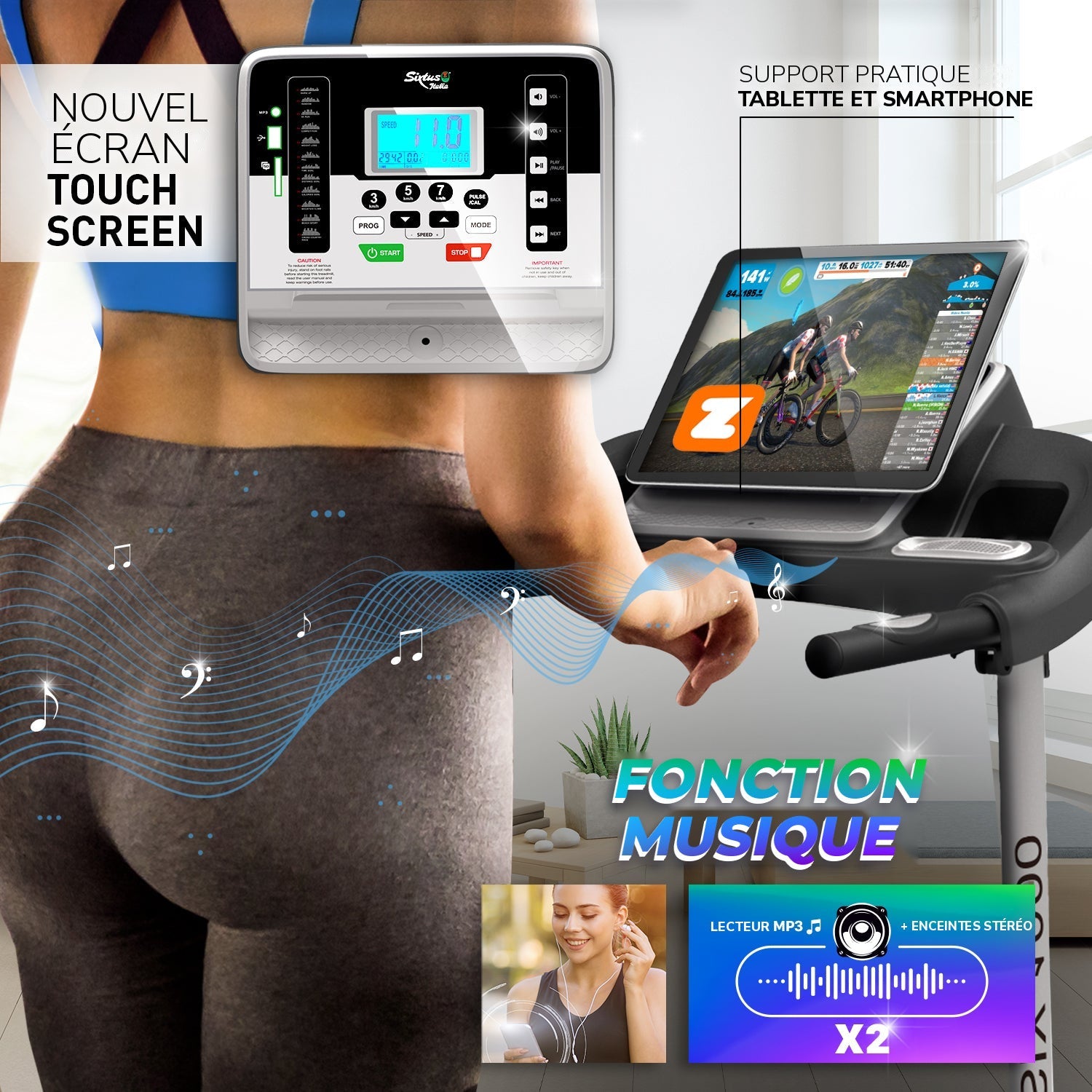 Tapis de course Sixtus SIX-1000 : nouvel écran, support tablette, fonction musique avec enceintes stéréo