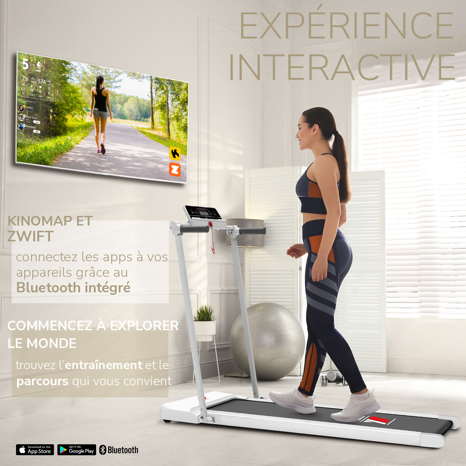 Tapis de course NEXT 1000 blanc reconditionné : expérience interactive avec Kinomap et Zwift