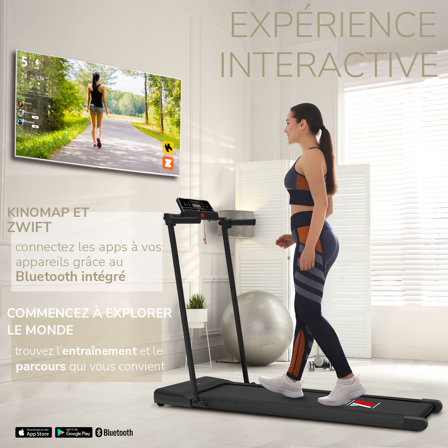 Tapis de course NEXT 1000 noir reconditionné : expérience interactive avec Kinomap et Zwift