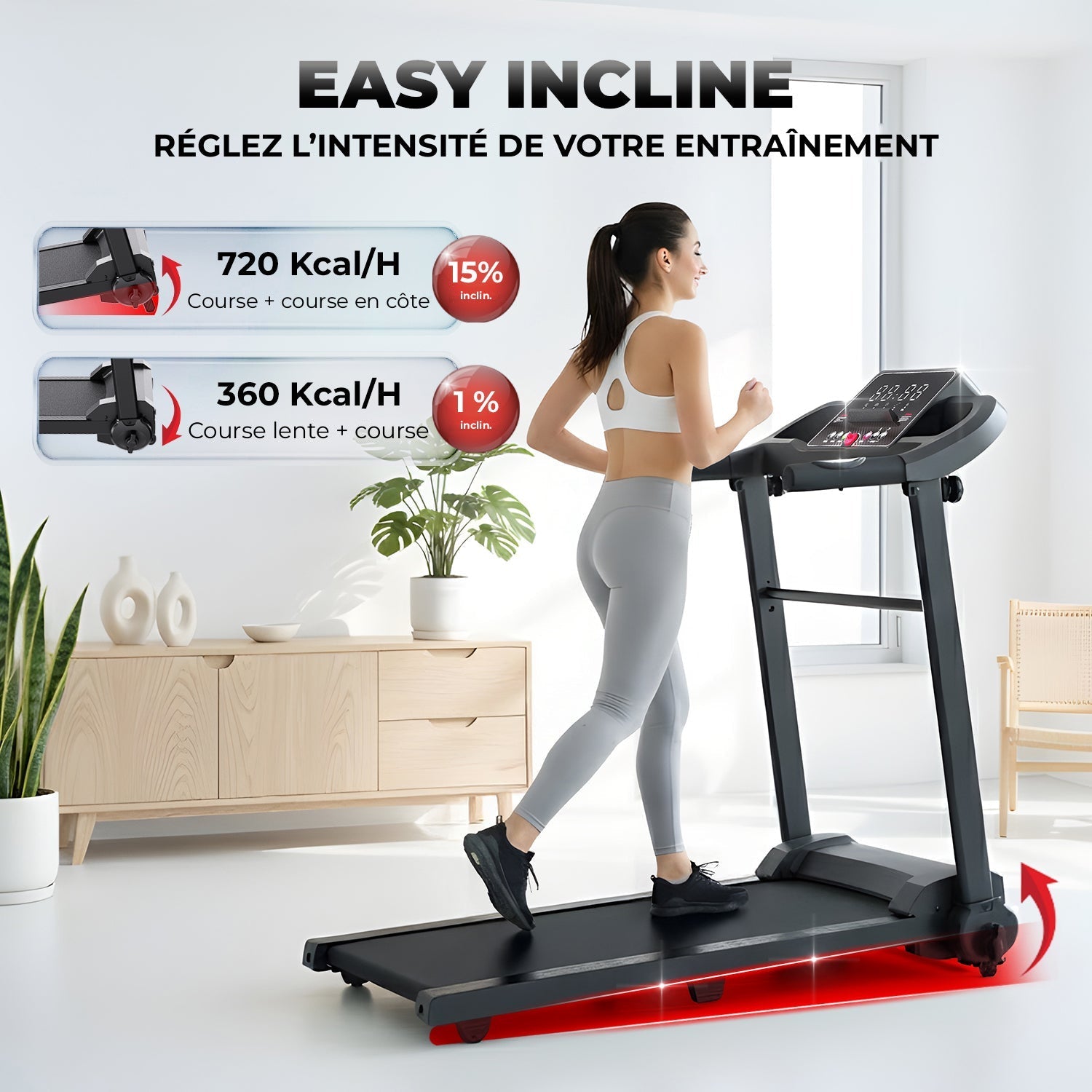 NEXT 1500 PRO Easy Incline : réglez l’intensité de votre entraînement, inclinaison 1 % à 15 %