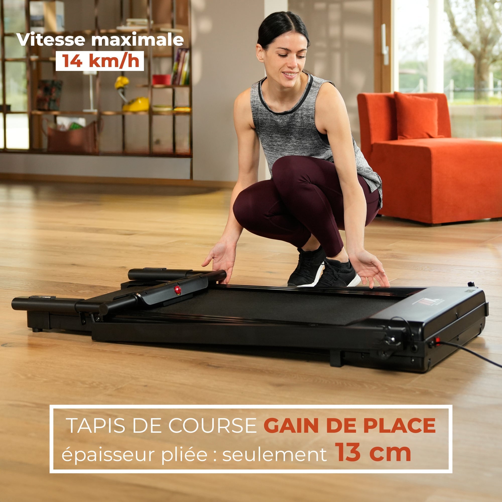 Tapis de course NEXT 2000 LOG gain de place, vitesse max. 14 km/h, 13 cm une fois plié