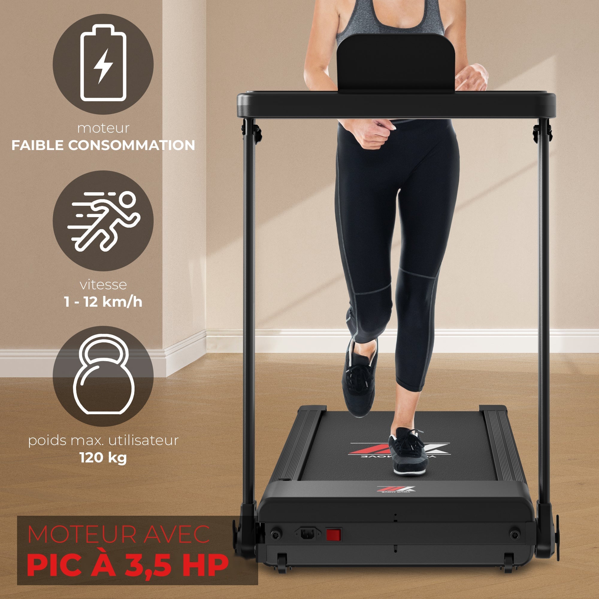 Tapis de course NEXT 2000 PRO reconditionné : moteur faible consommation, vitesse 1-12 km/h, 120 kg, pic à 3,5 HP